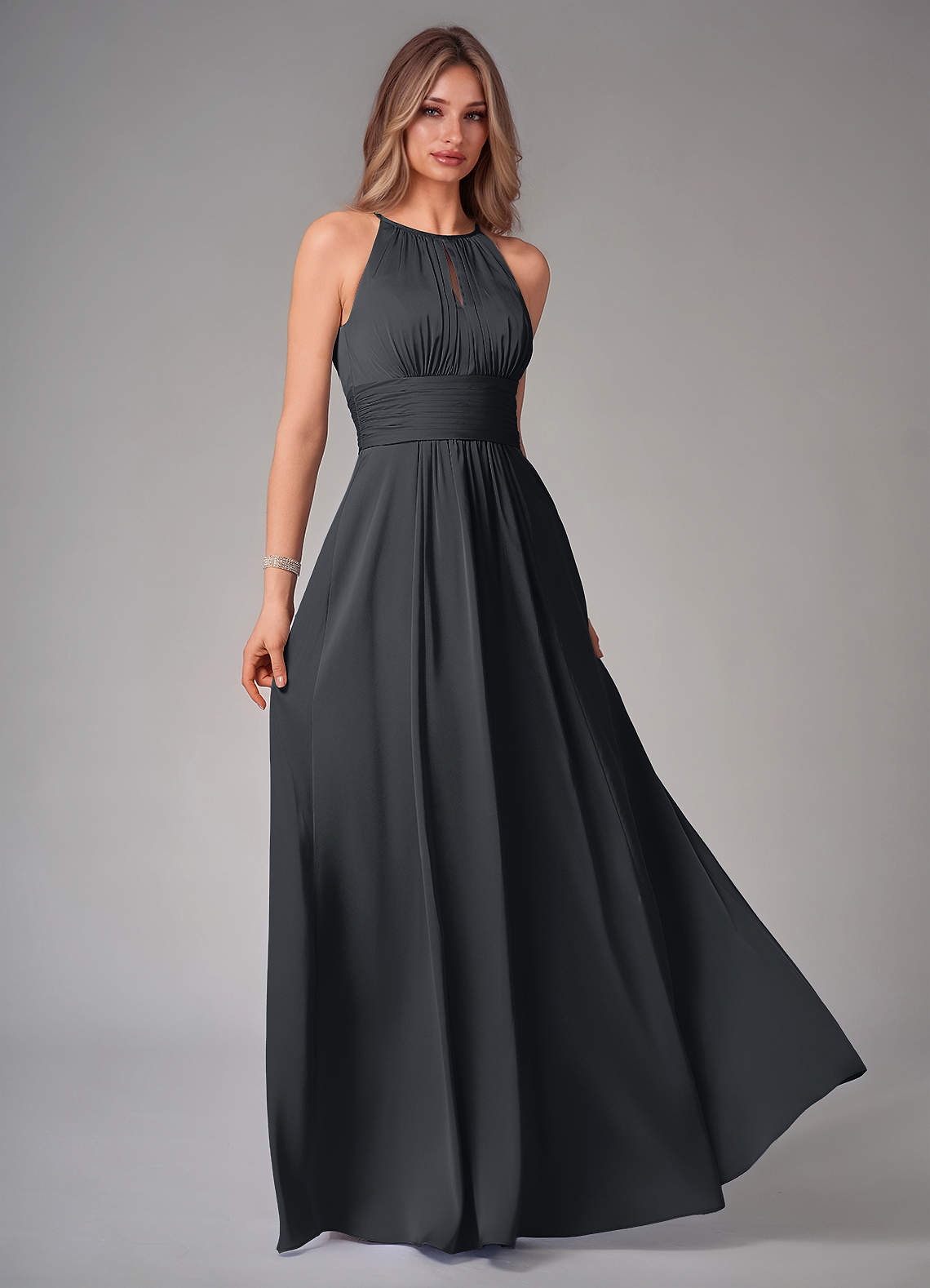 Bonnie A-Line Halter Stretch Satin Bridesmaid Dress in black