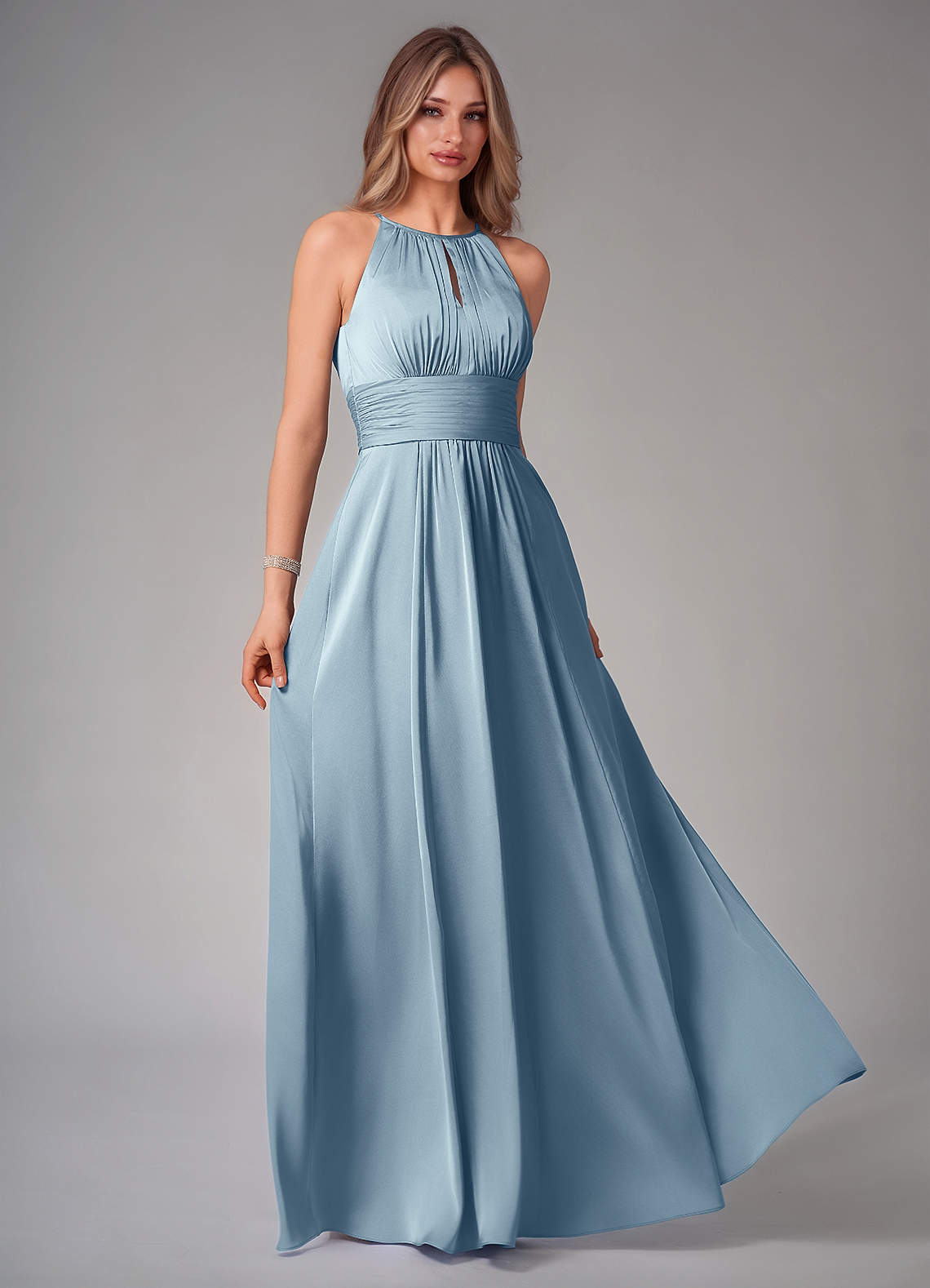Bonnie A-Line Halter Stretch Satin Bridesmaid Dress in dusty blue
