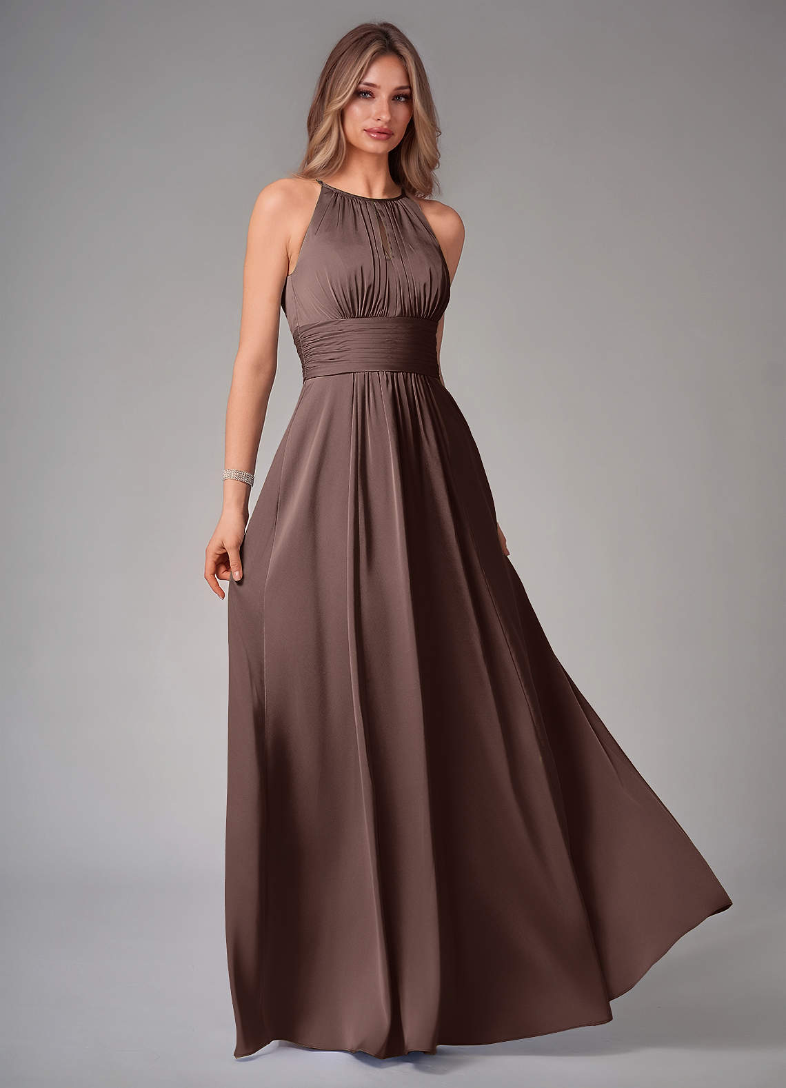 Bonnie A-Line Halter Stretch Satin Bridesmaid Dress in Ganache