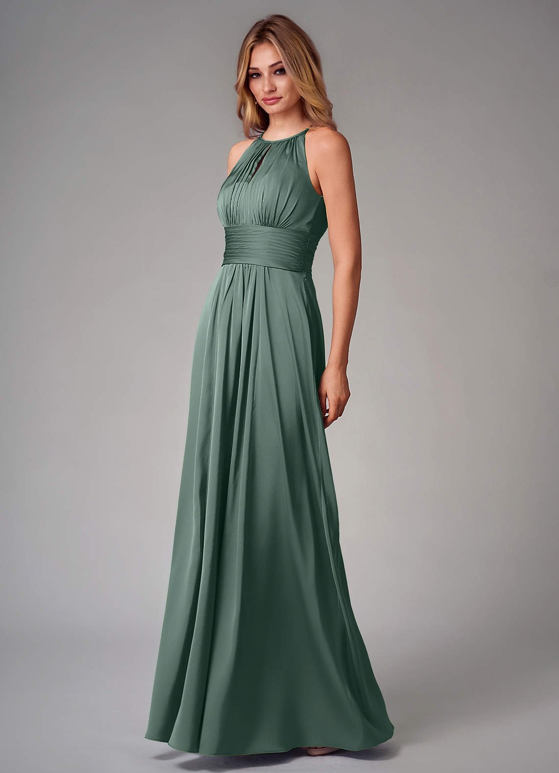 Bonnie A-Line Halter Stretch Satin Bridesmaid Dress in Sea Moss
