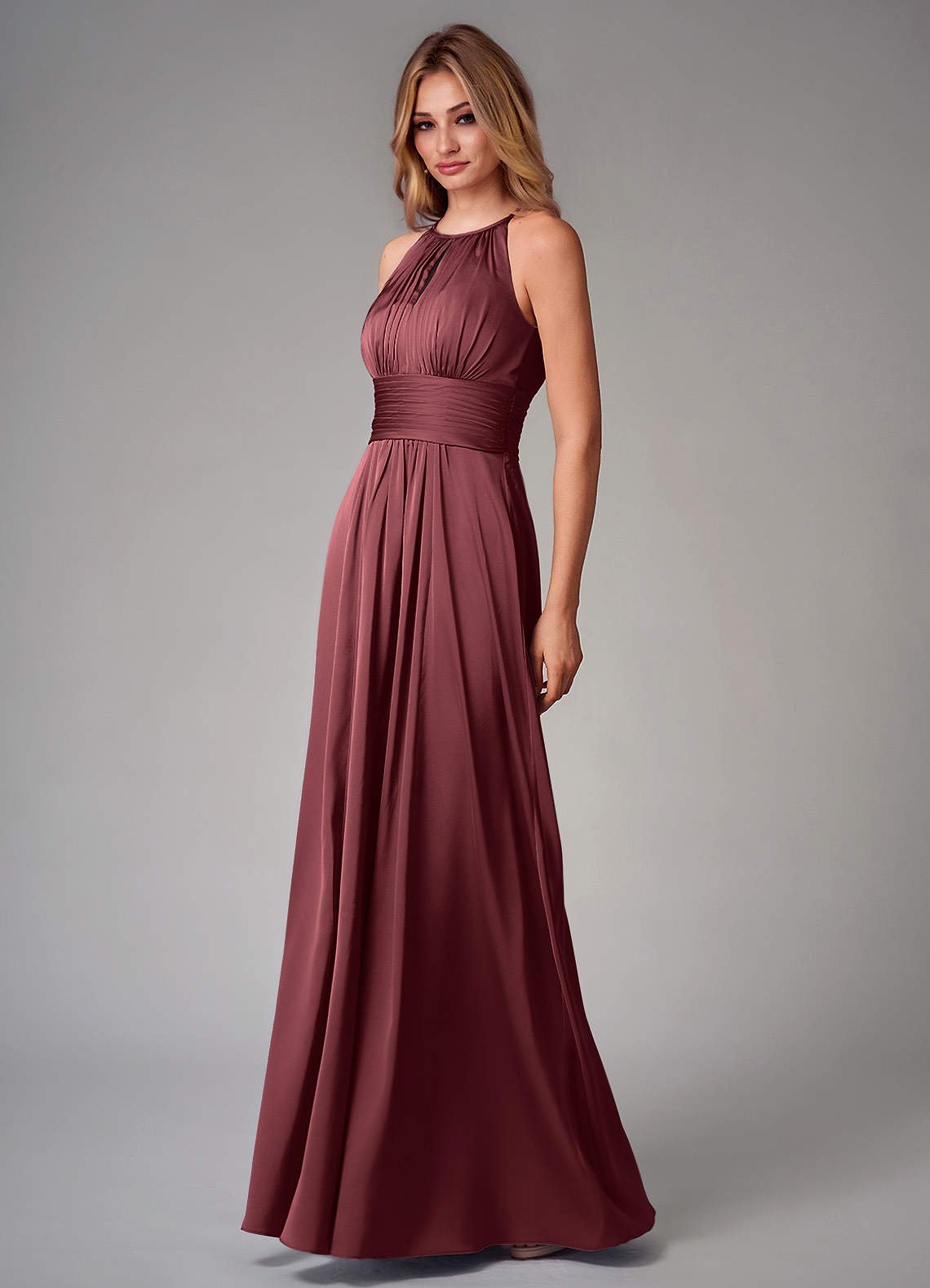 Bonnie A-Line Halter Stretch Satin Bridesmaid Dress in Merlot