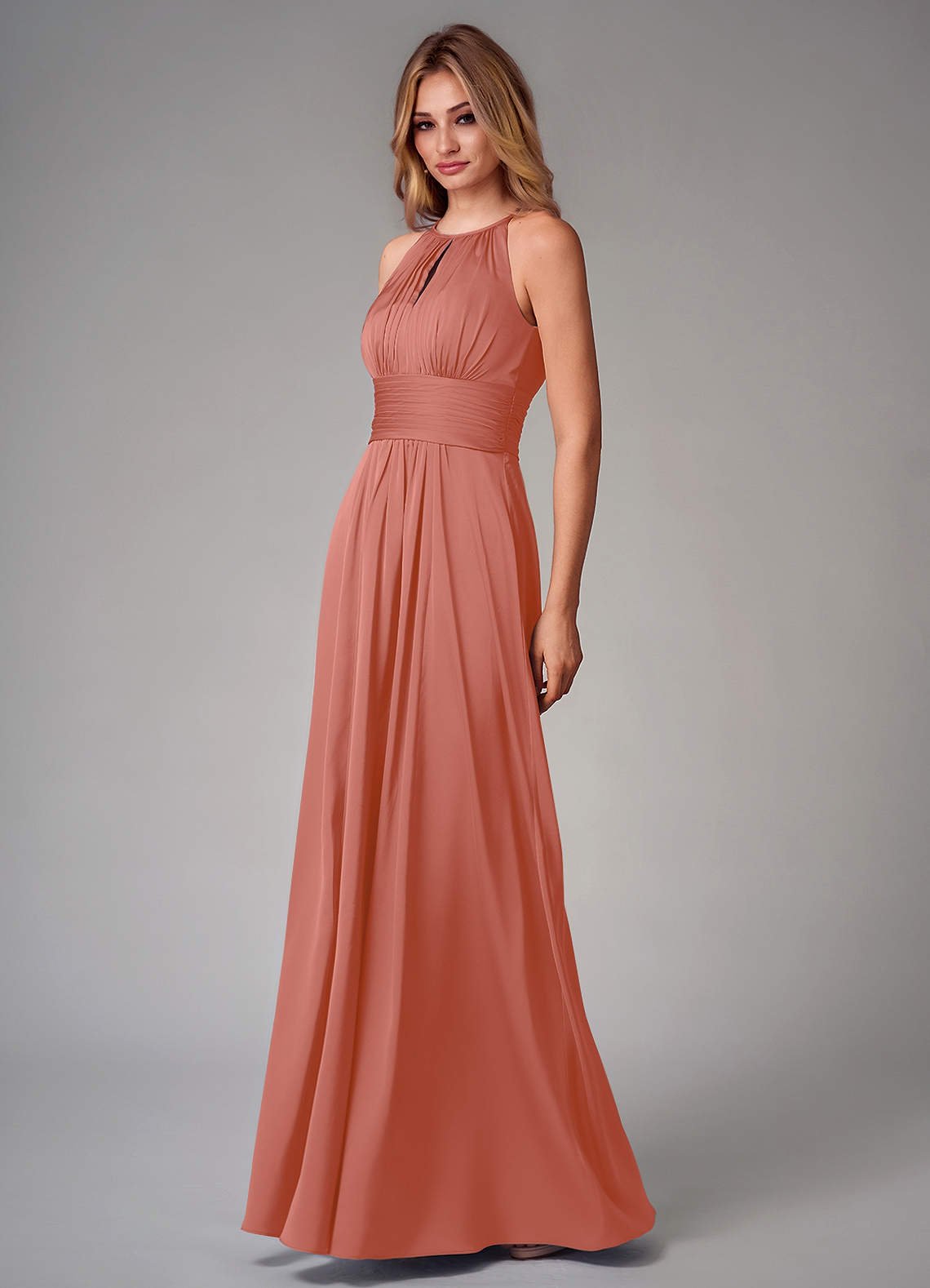 Bonnie A-Line Halter Stretch Satin Bridesmaid Dress in Salmon Pink