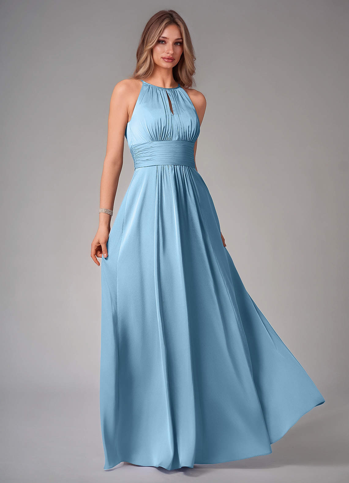 Bonnie A-Line Halter Stretch Satin Bridesmaid Dress in Steel Blue