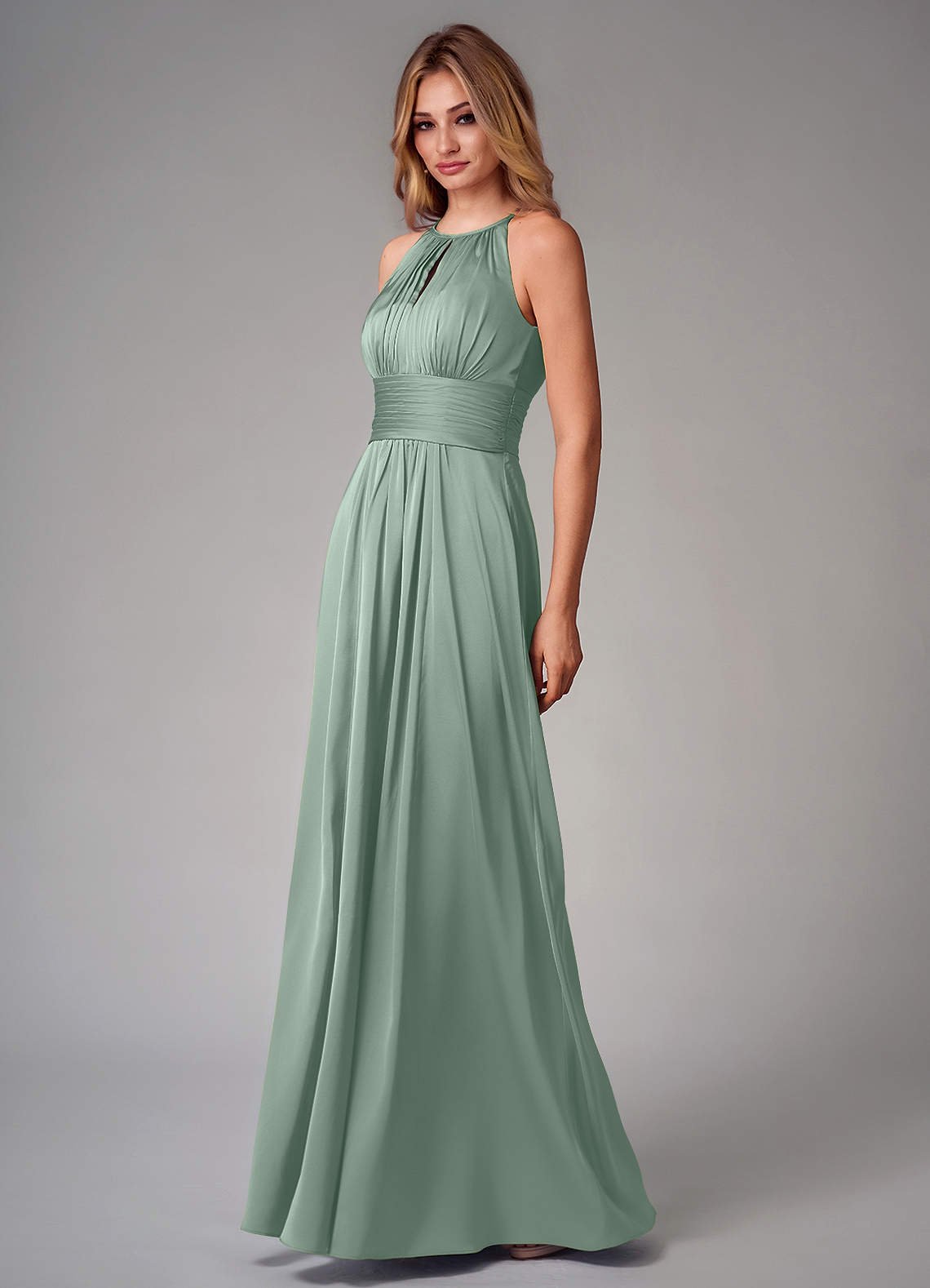 Bonnie A-Line Halter Stretch Satin Bridesmaid Dress in Agave