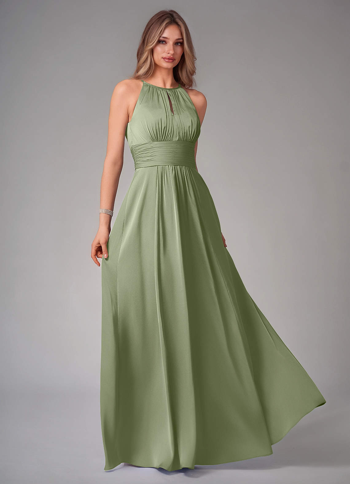 Bonnie A-Line Halter Stretch Satin Bridesmaid Dress in Pistachio