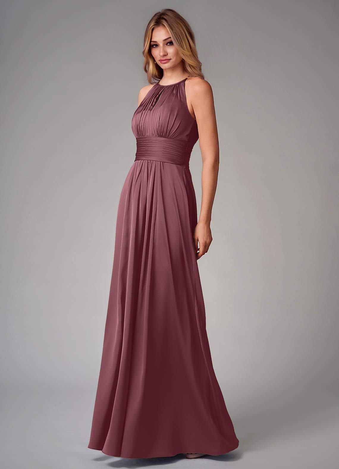 Bonnie A-Line Halter Stretch Satin Bridesmaid Dress in Desert Rose