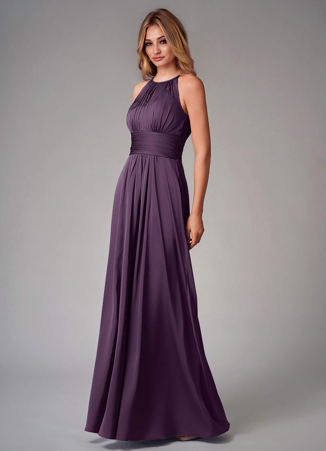 Bonnie A-Line Halter Stretch Satin Bridesmaid Dress in Plum