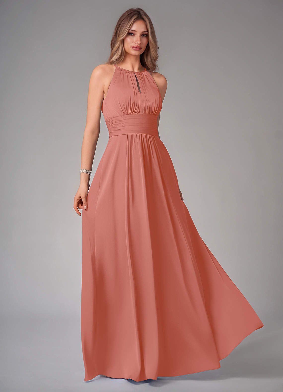Bonnie A-Line Halter Stretch Satin Bridesmaid Dress in Salmon Pink