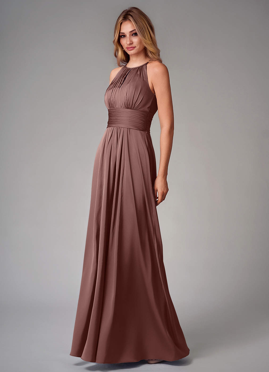 Bonnie A-Line Halter Stretch Satin Bridesmaid Dress in Espresso
