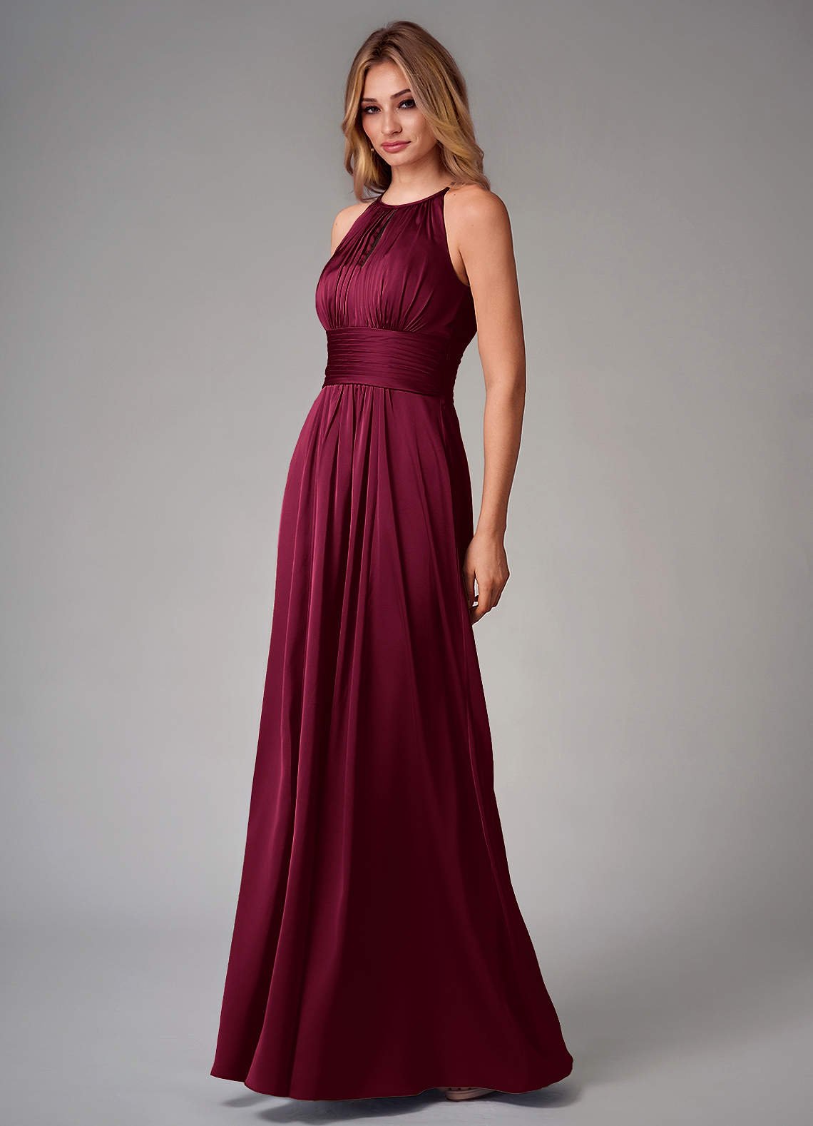 Bonnie A-Line Halter Stretch Satin Bridesmaid Dress in Burgundy