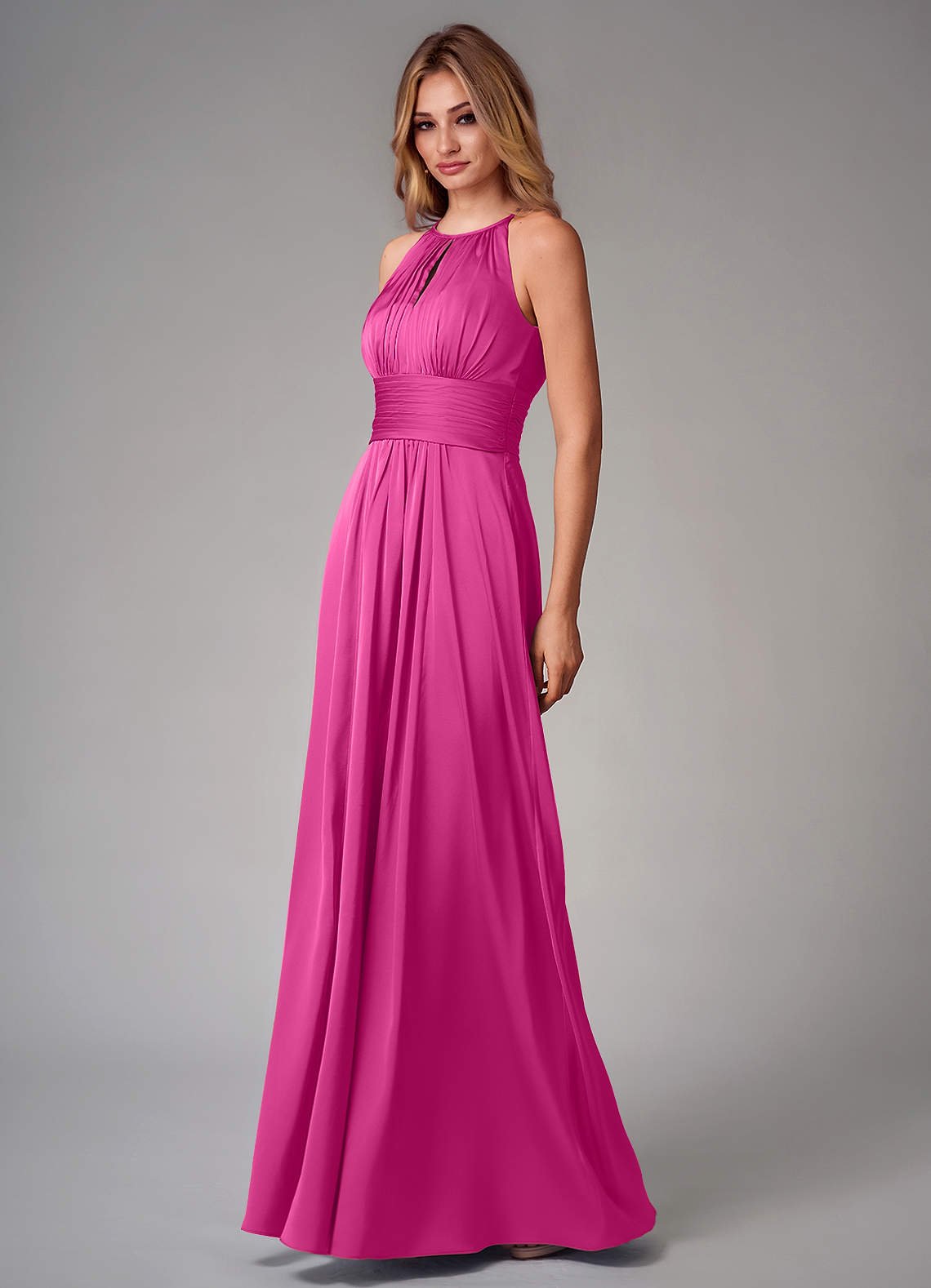 Bonnie A-Line Halter Stretch Satin Bridesmaid Dress in Fuchsia