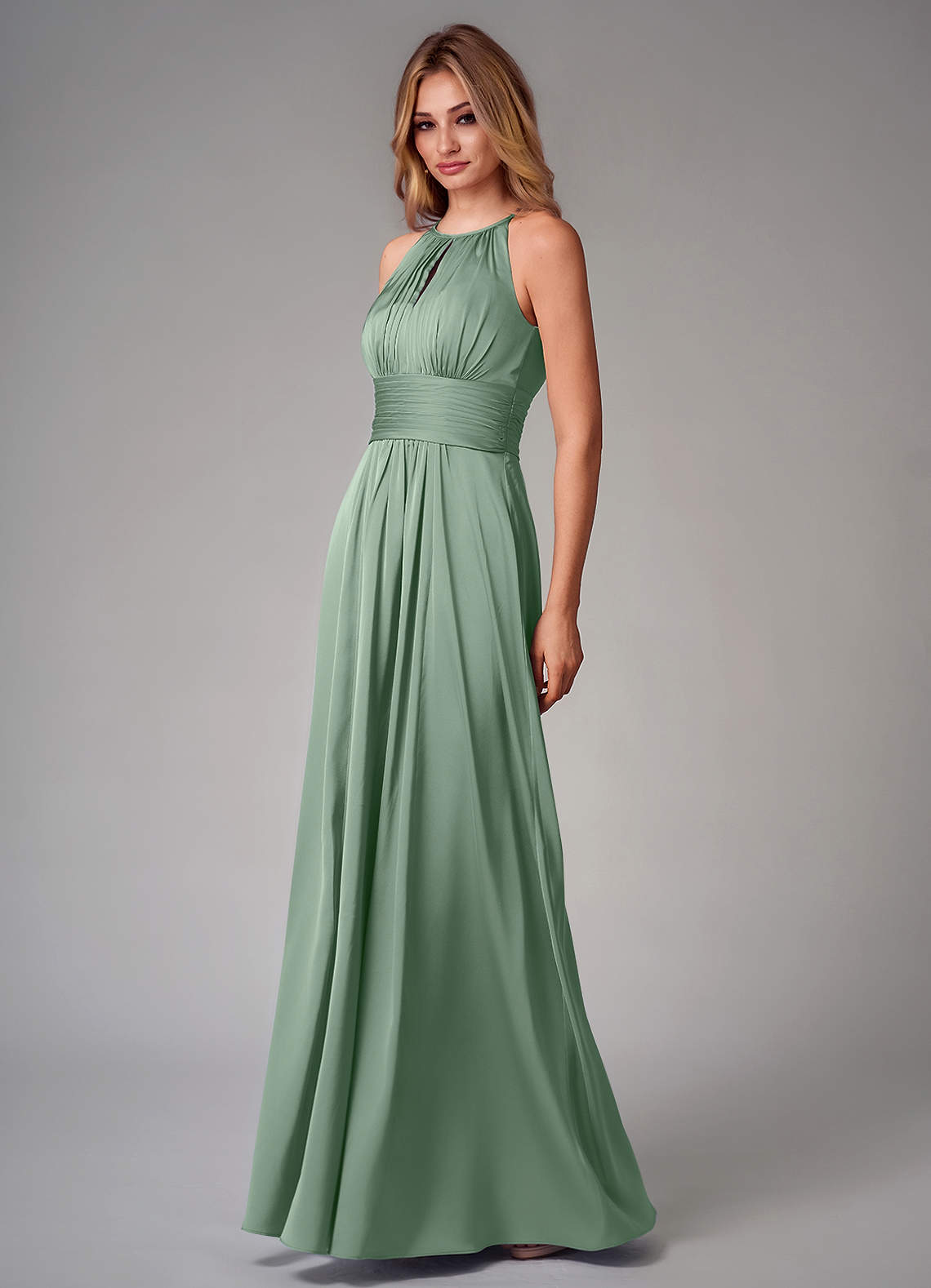 Bonnie A-Line Halter Stretch Satin Bridesmaid Dress in Matcha