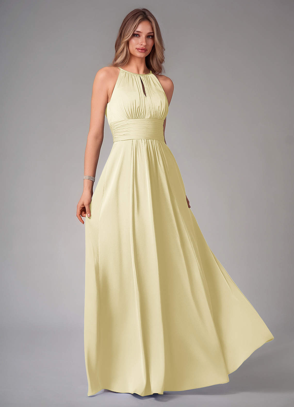 Bonnie A-Line Halter Stretch Satin Bridesmaid Dress in Lemon Sorbet
