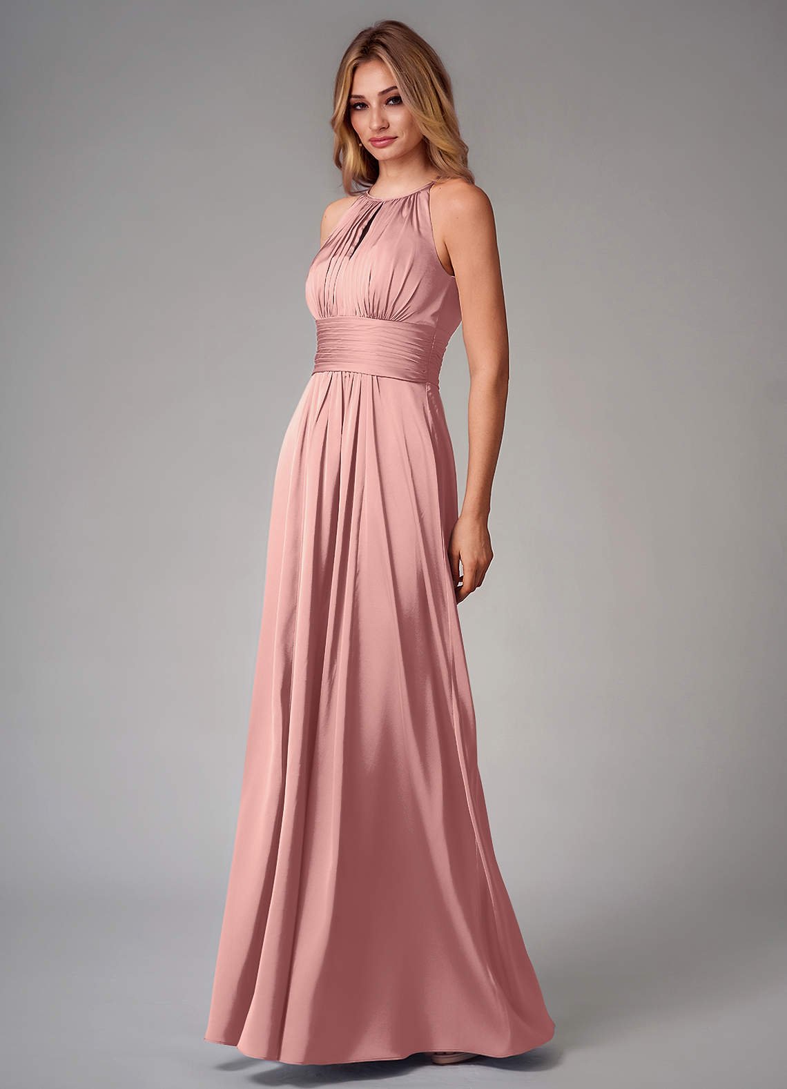 Bonnie A-Line Halter Stretch Satin Bridesmaid Dress in Rosette