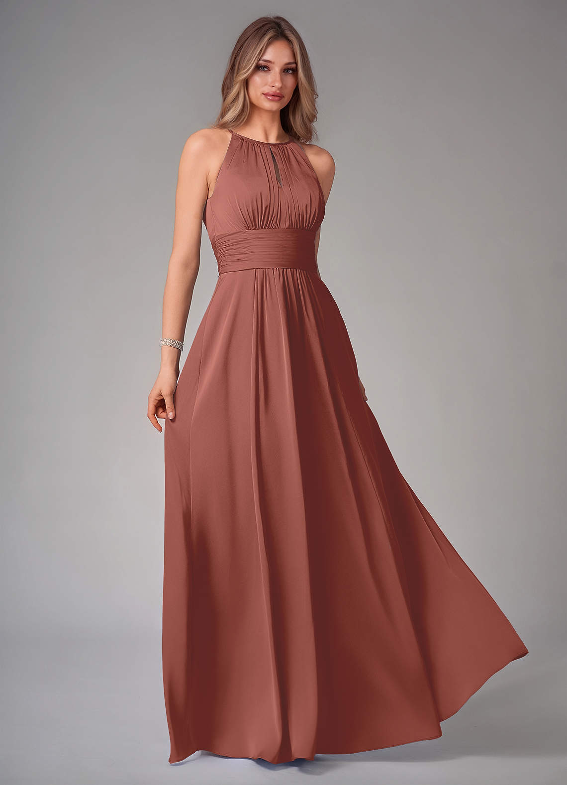 Bonnie A-Line Halter Stretch Satin Bridesmaid Dress in Auburn