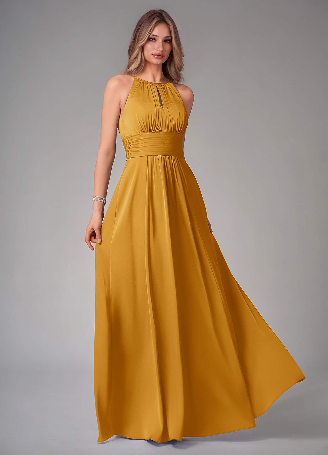 Bonnie A-Line Halter Stretch Satin Bridesmaid Dress in butterscotch