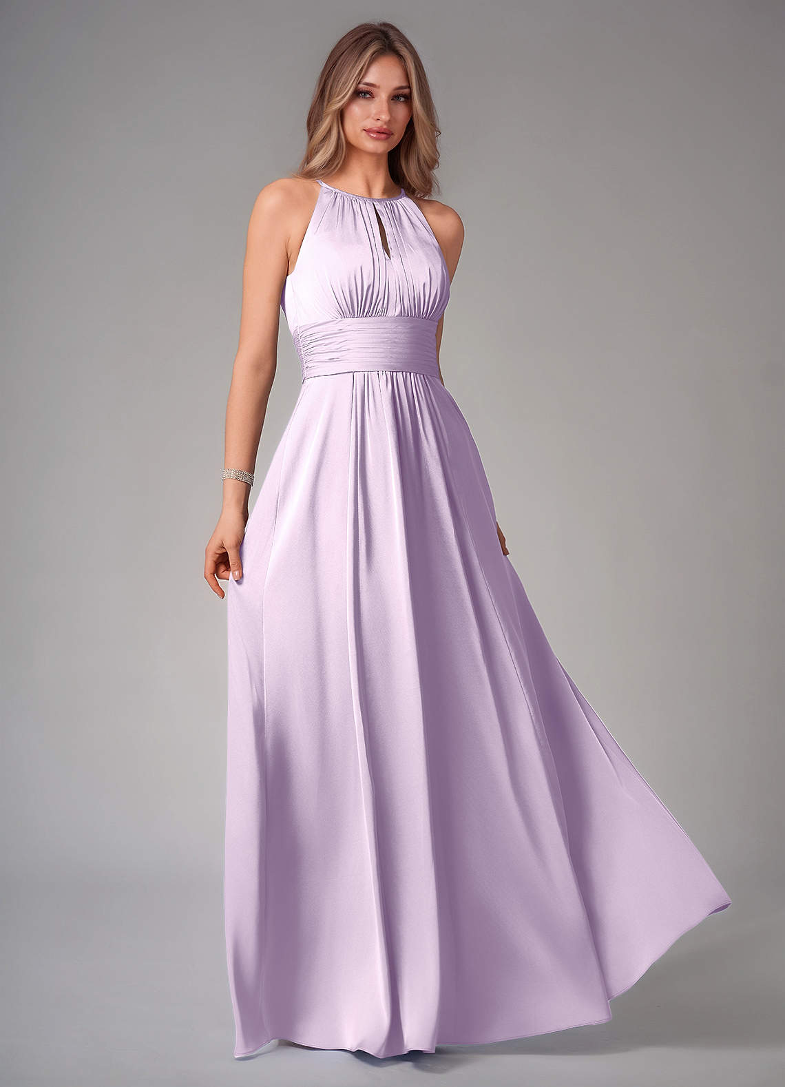 Bonnie A-Line Halter Stretch Satin Bridesmaid Dress in Frosted Lilac