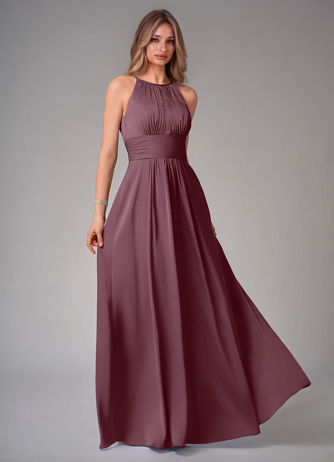 Bonnie A-Line Halter Stretch Satin Bridesmaid Dress in Sangria
