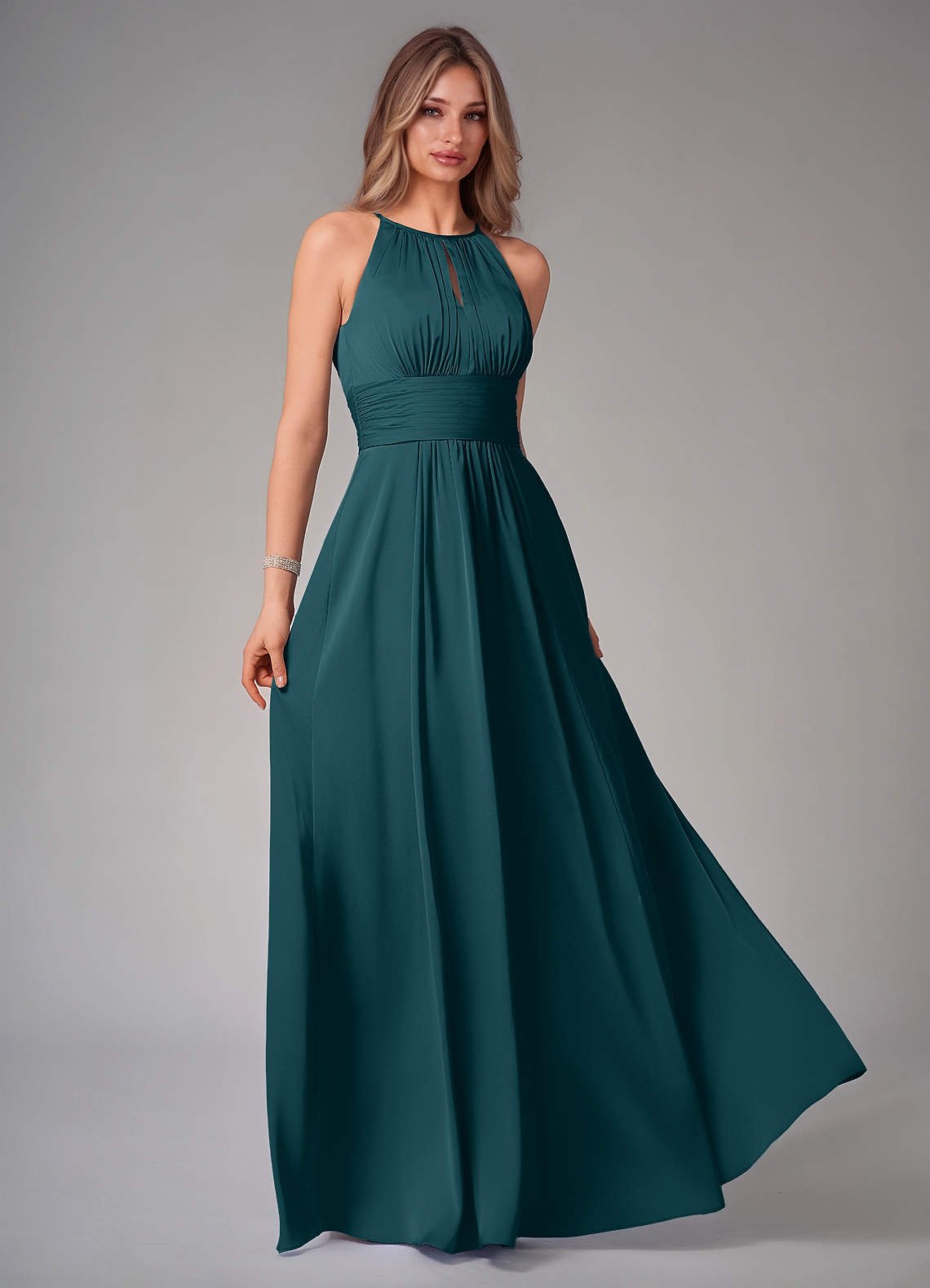 Bonnie A-Line Halter Stretch Satin Bridesmaid Dress in Pine