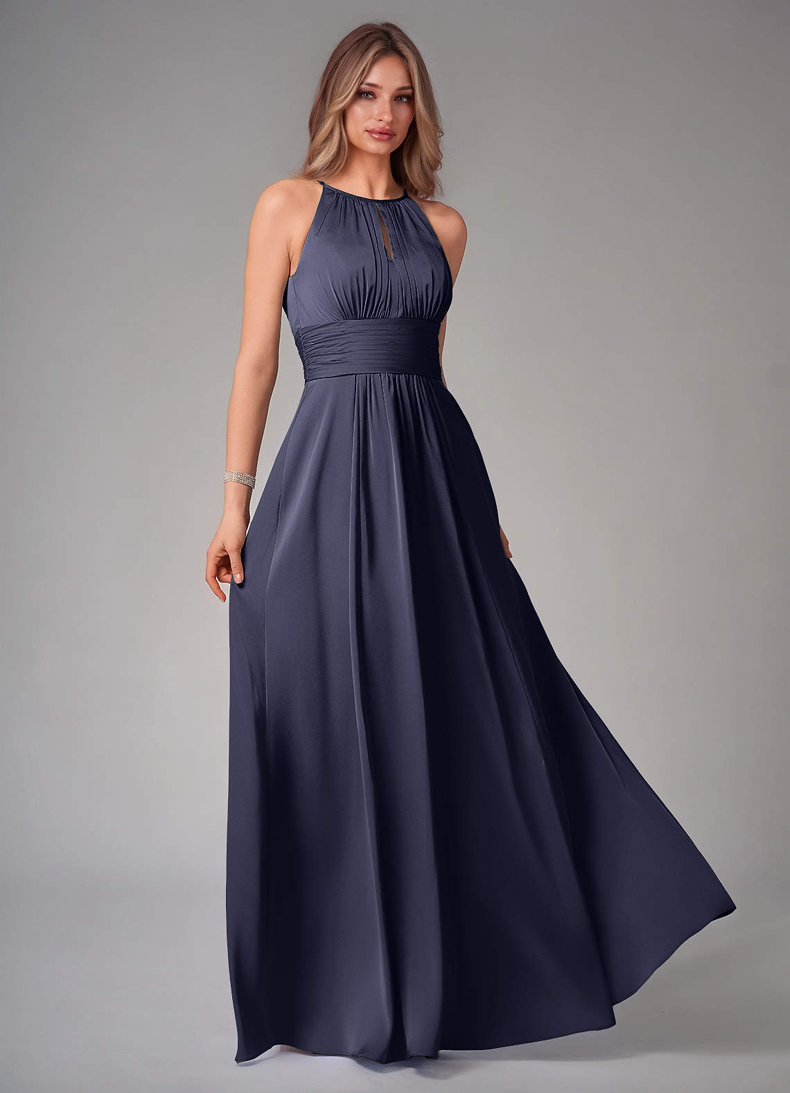 Bonnie A-Line Halter Stretch Satin Bridesmaid Dress in Stormy