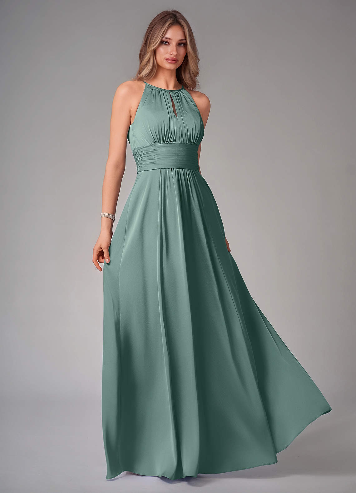 Bonnie A-Line Halter Stretch Satin Bridesmaid Dress in Eucalyptus