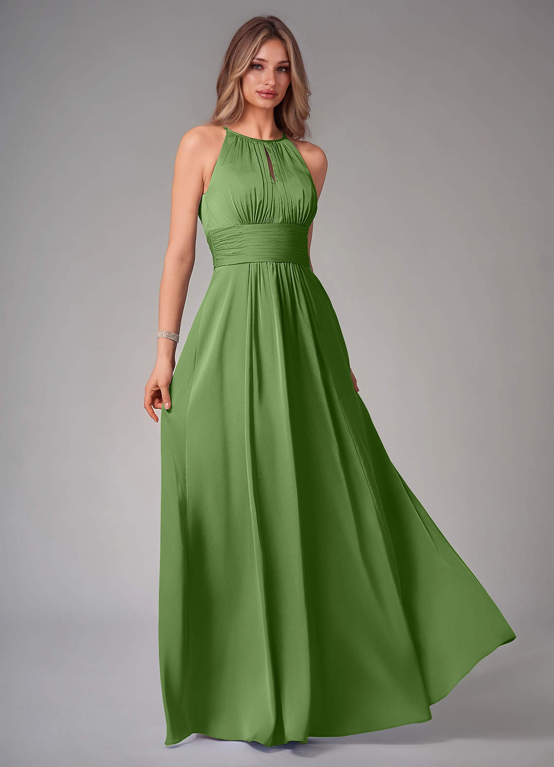 Bonnie A-Line Halter Stretch Satin Bridesmaid Dress in Basil