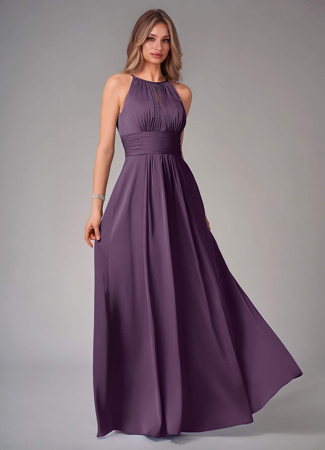 Bonnie A-Line Halter Stretch Satin Bridesmaid Dress in Plum