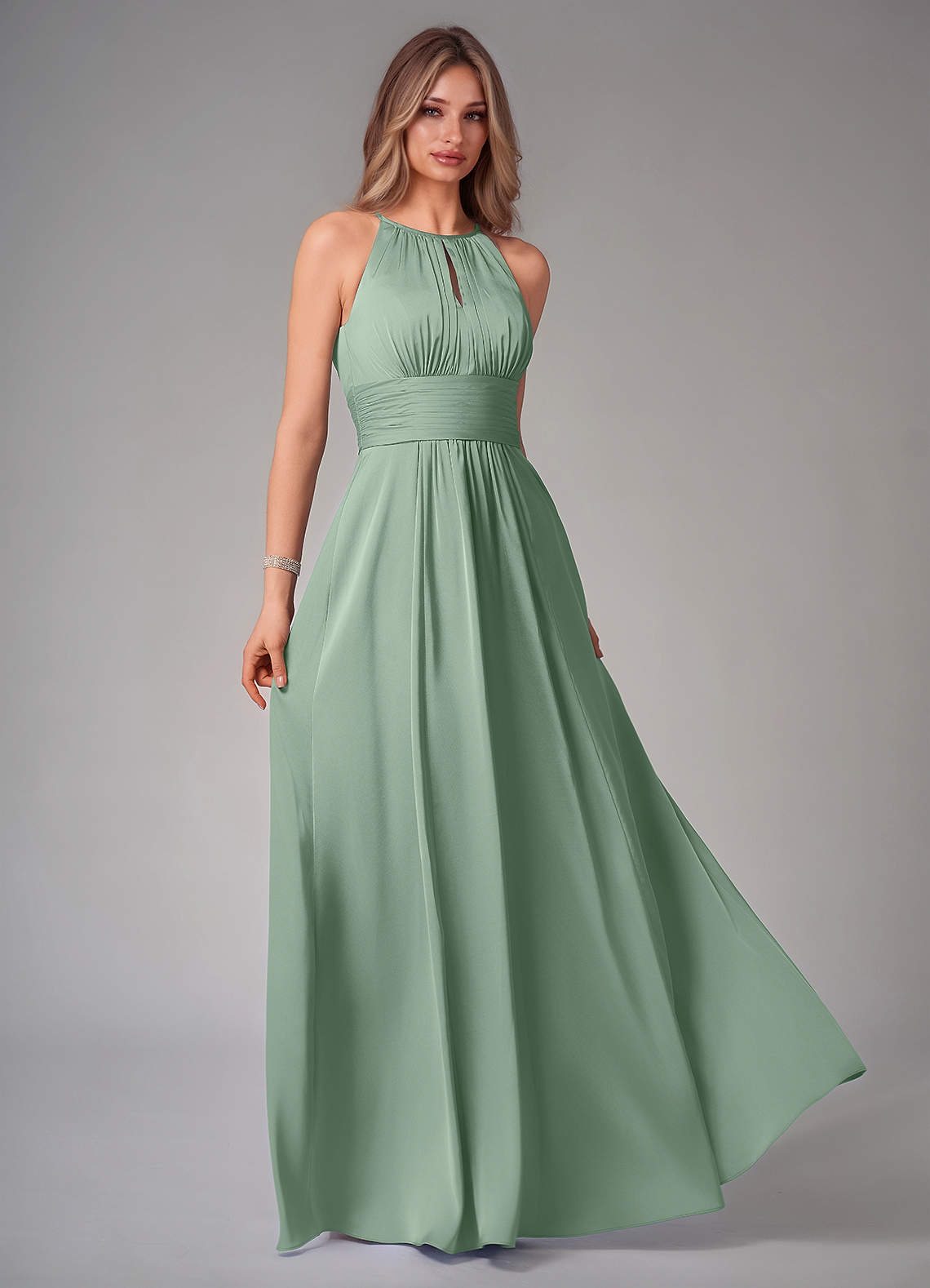 Bonnie A-Line Halter Stretch Satin Bridesmaid Dress in Matcha