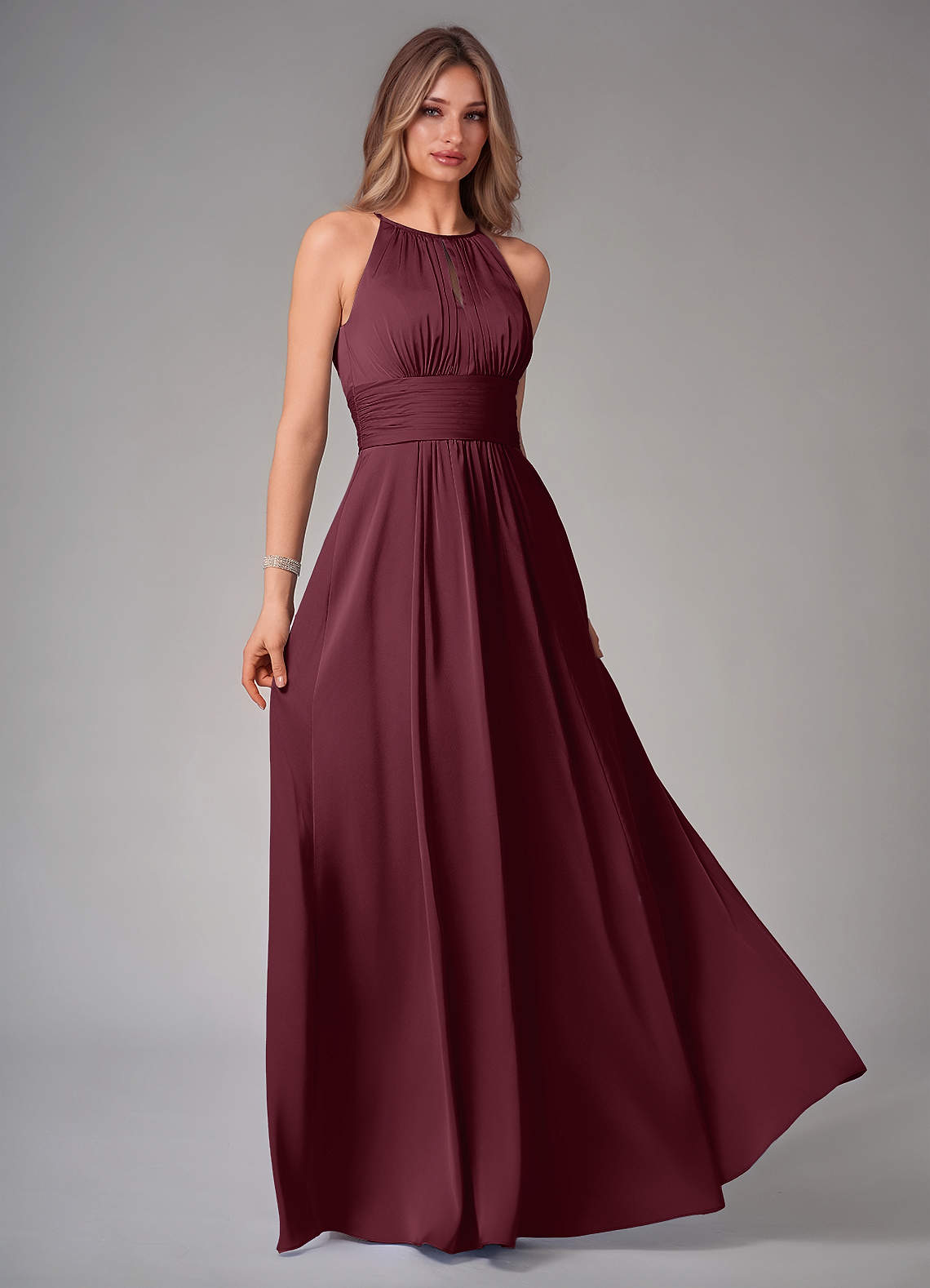 Bonnie A-Line Halter Stretch Satin Bridesmaid Dress in Cabernet