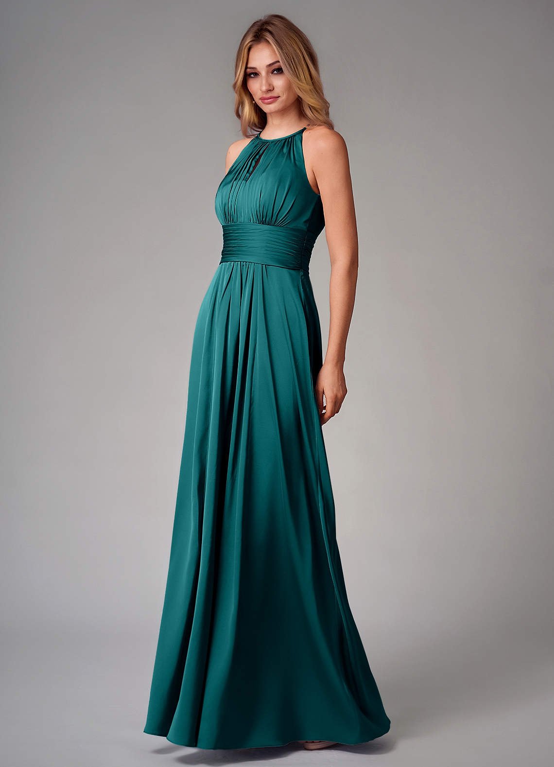 Bonnie A-Line Halter Stretch Satin Bridesmaid Dress in Peacock