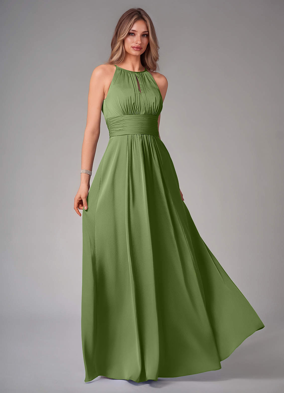Bonnie A-Line Halter Stretch Satin Bridesmaid Dress in Juniper