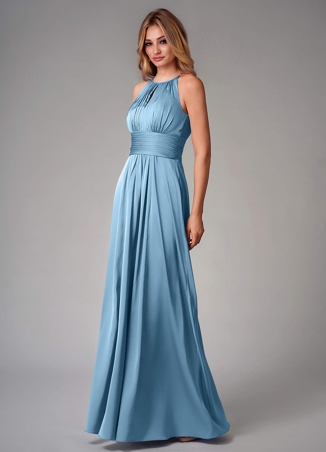 Bonnie A-Line Halter Stretch Satin Bridesmaid Dress in Steel Blue