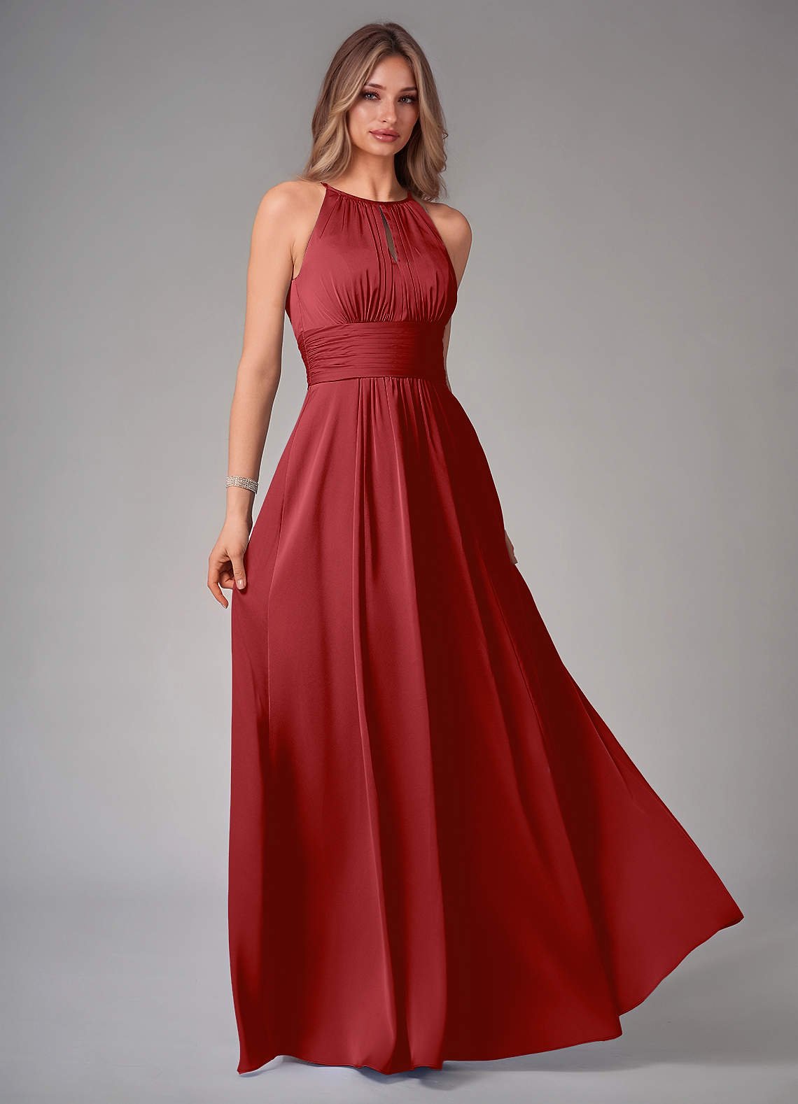 Bonnie A-Line Halter Stretch Satin Bridesmaid Dress in Pomegranate