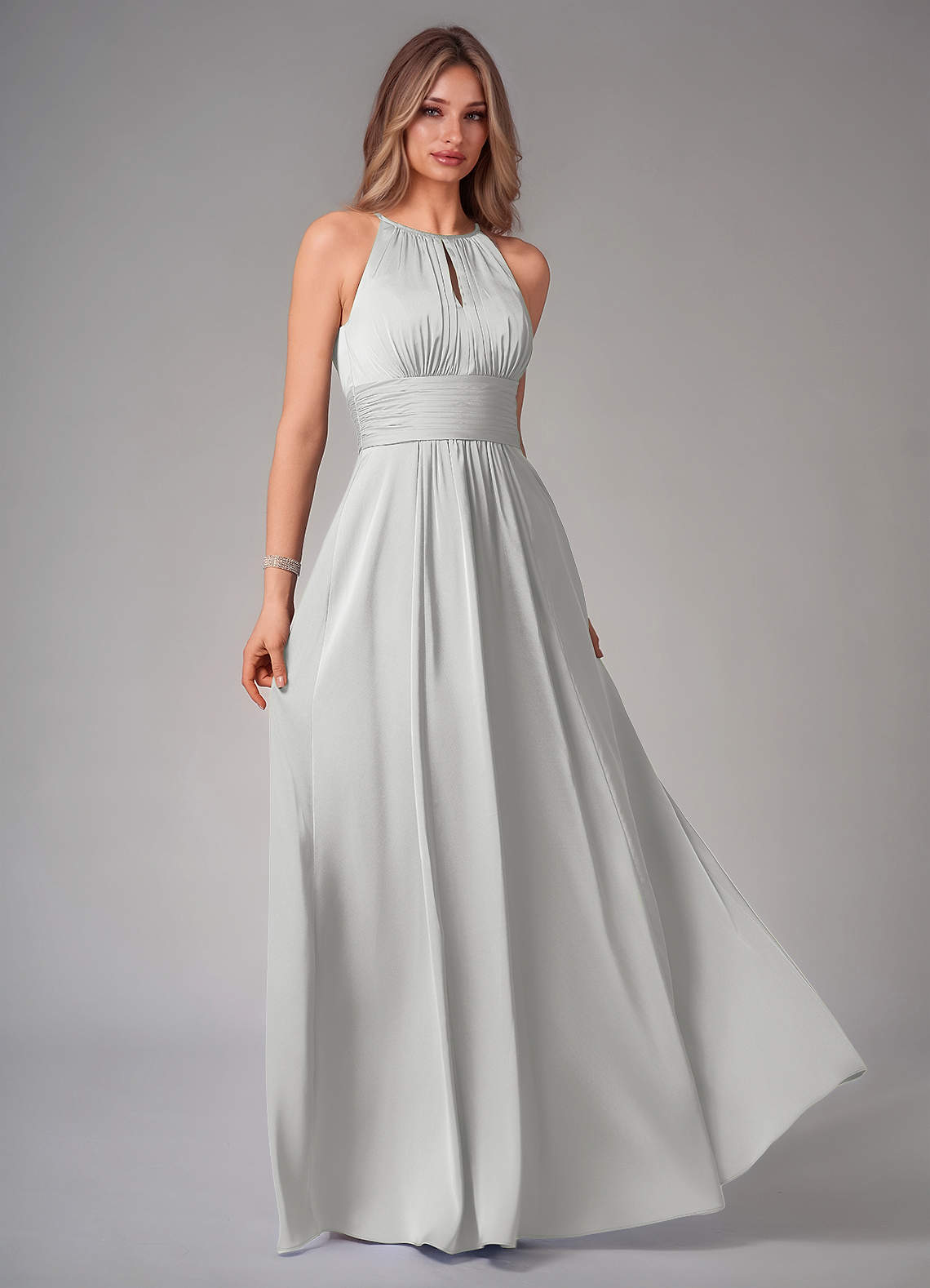 Bonnie A-Line Halter Stretch Satin Bridesmaid Dress in Silver