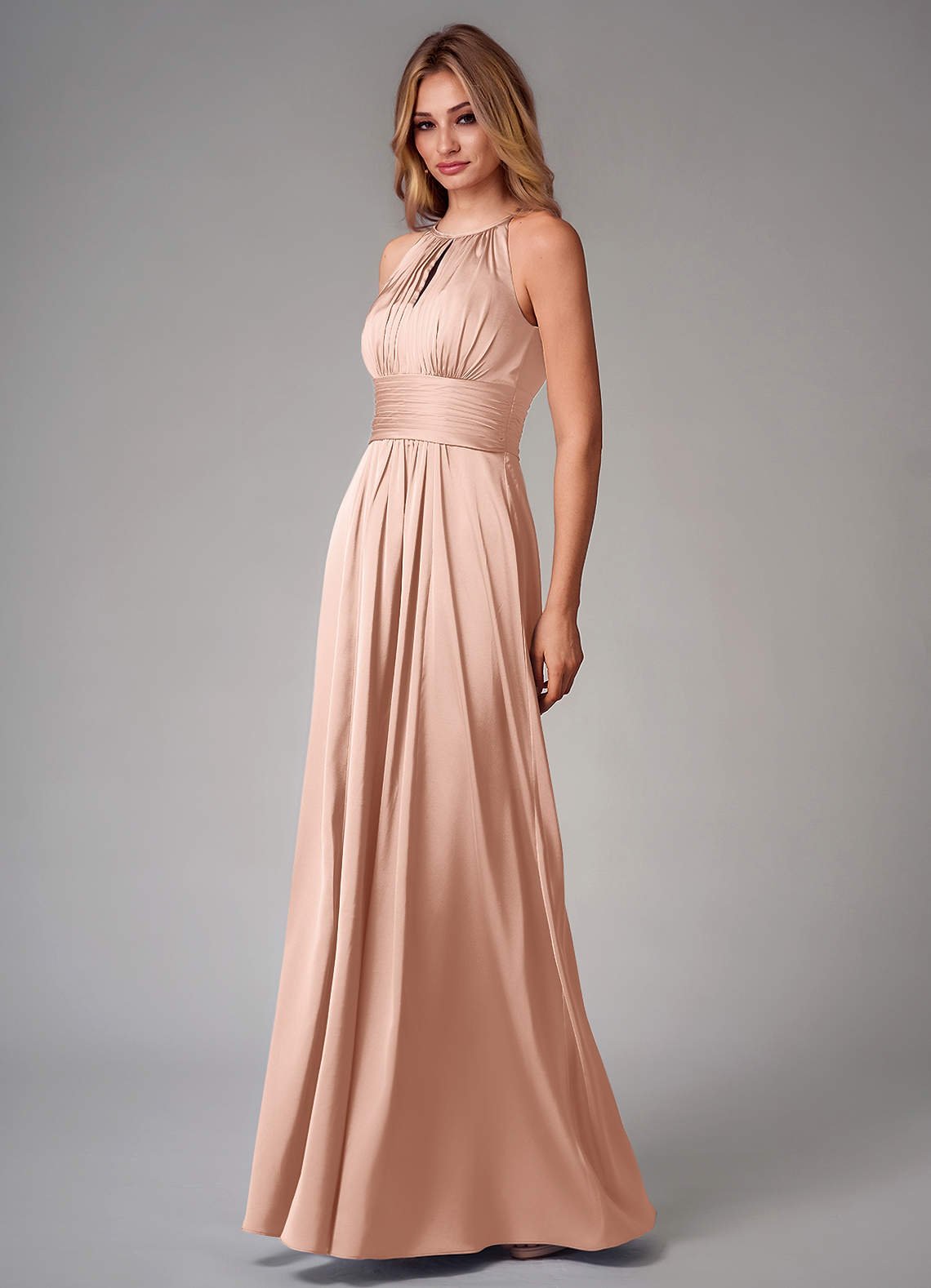 Bonnie A-Line Halter Stretch Satin Bridesmaid Dress in rose gold