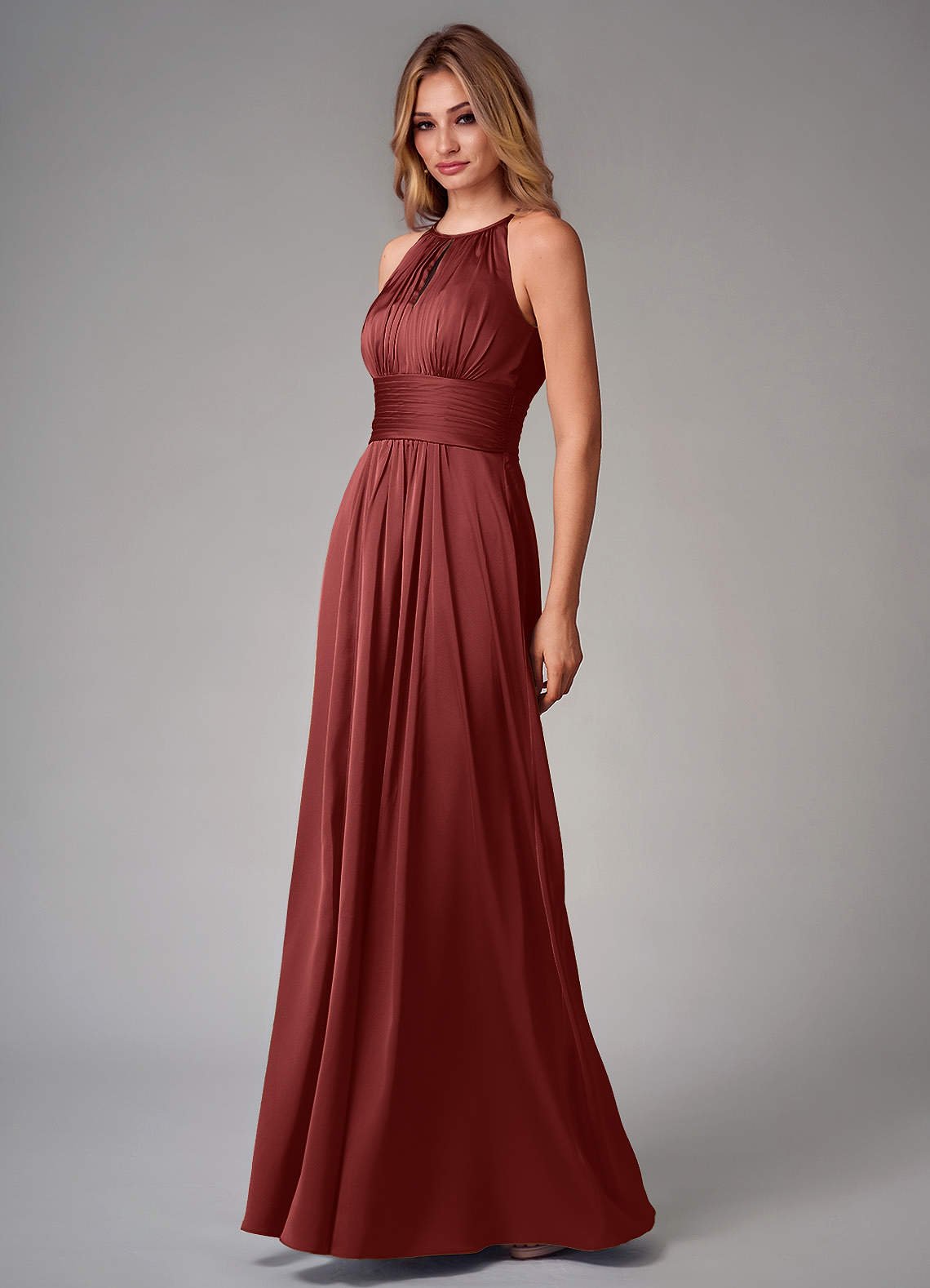 Bonnie A-Line Halter Stretch Satin Bridesmaid Dress in Terracotta