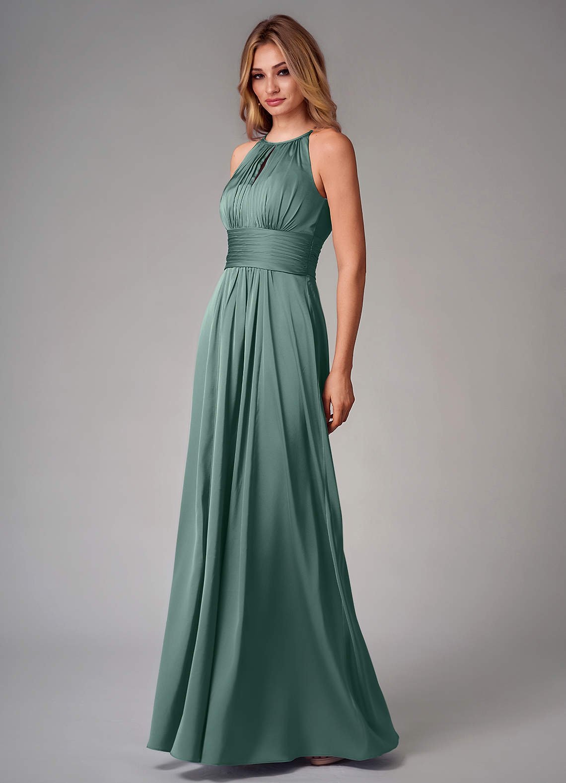 Bonnie A-Line Halter Stretch Satin Bridesmaid Dress in Eucalyptus