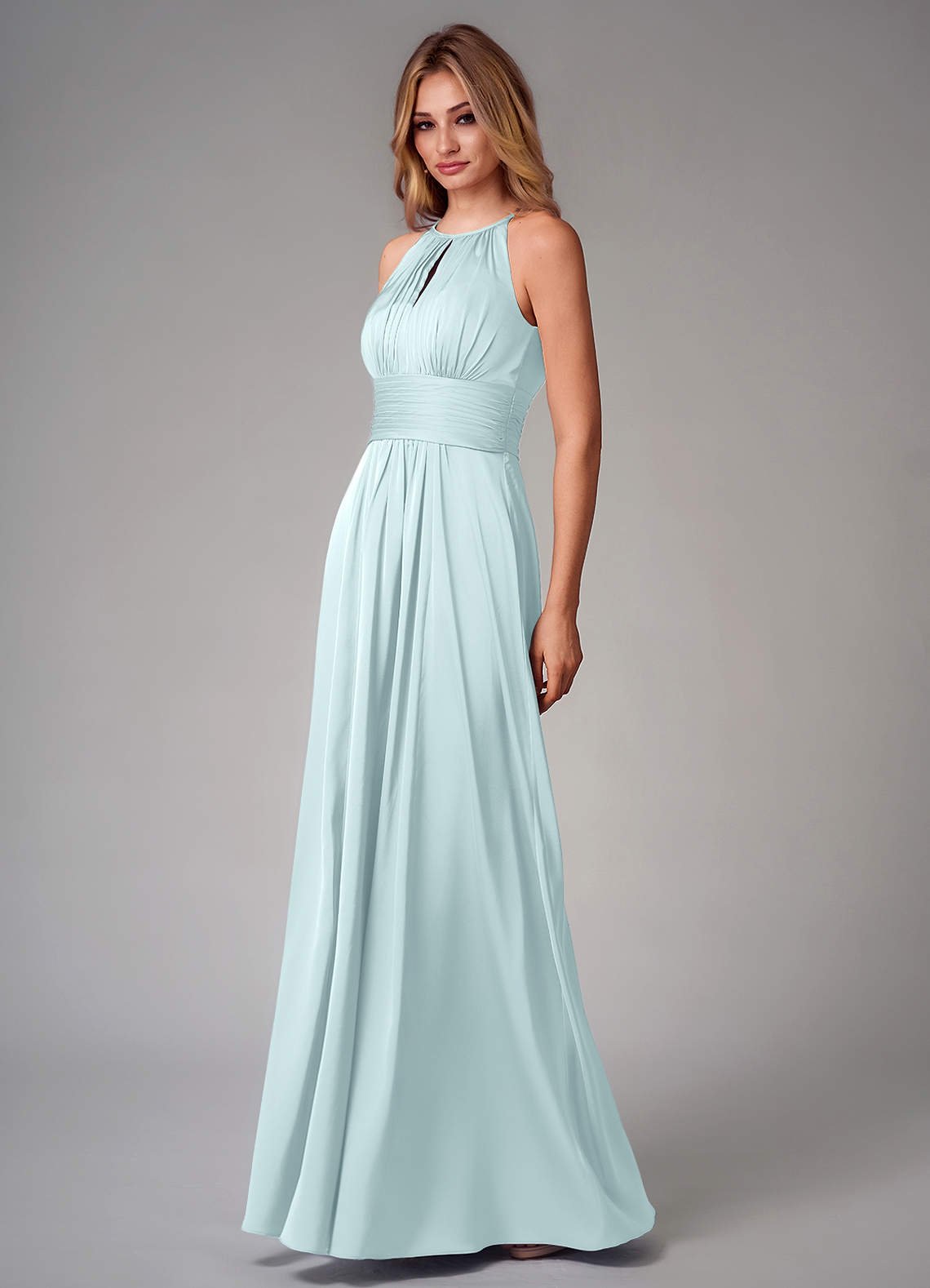 Bonnie A-Line Halter Stretch Satin Bridesmaid Dress in Sea Glass