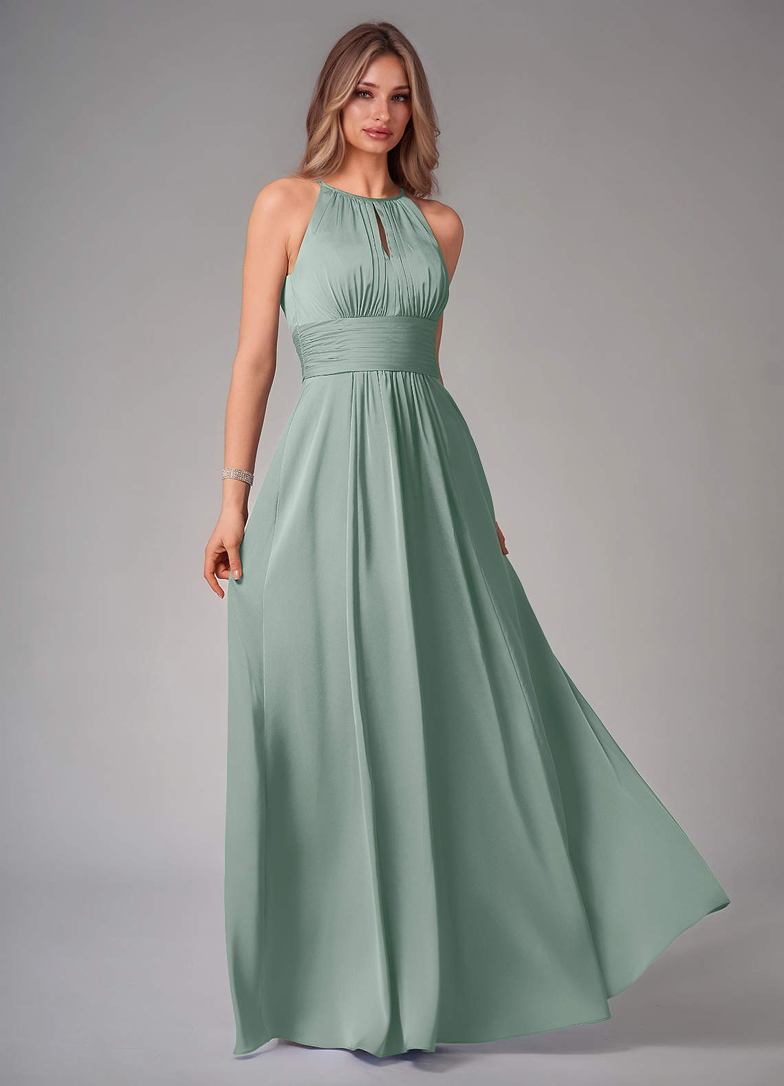 Bonnie A-Line Halter Stretch Satin Bridesmaid Dress in Silver Sage