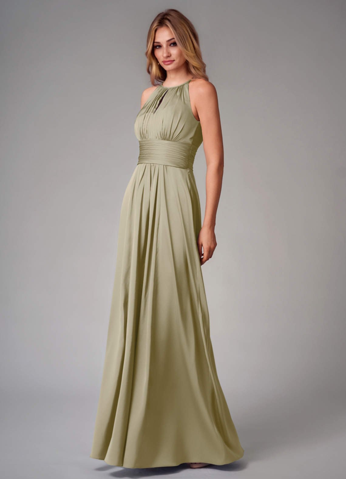 Bonnie A-Line Halter Stretch Satin Bridesmaid Dress in Moss Green