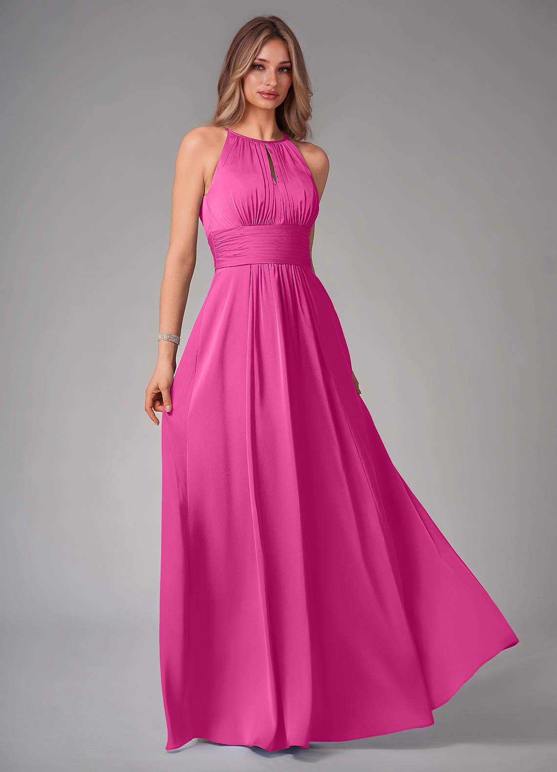 Bonnie A-Line Halter Stretch Satin Bridesmaid Dress in Fuchsia