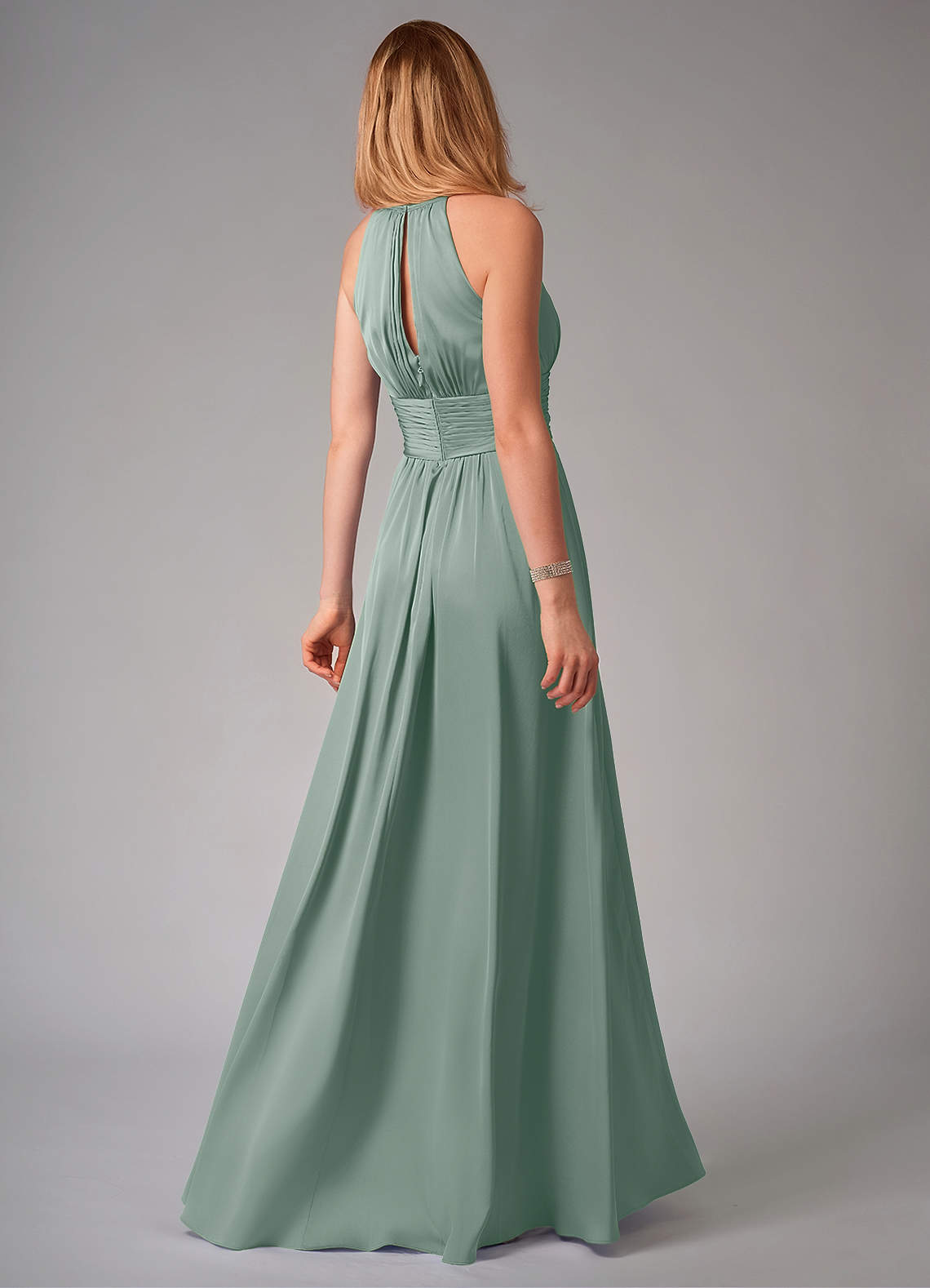 Bonnie A-Line Halter Stretch Satin Bridesmaid Dress in Silver Sage