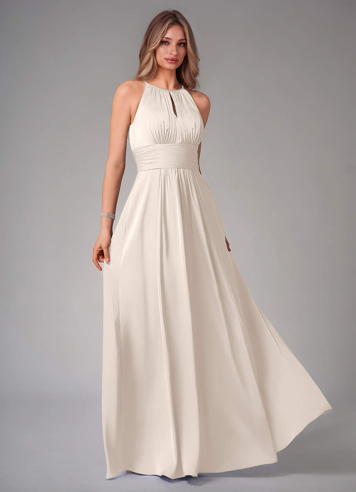 Bonnie A-Line Halter Stretch Satin Bridesmaid Dress in White Alabaster