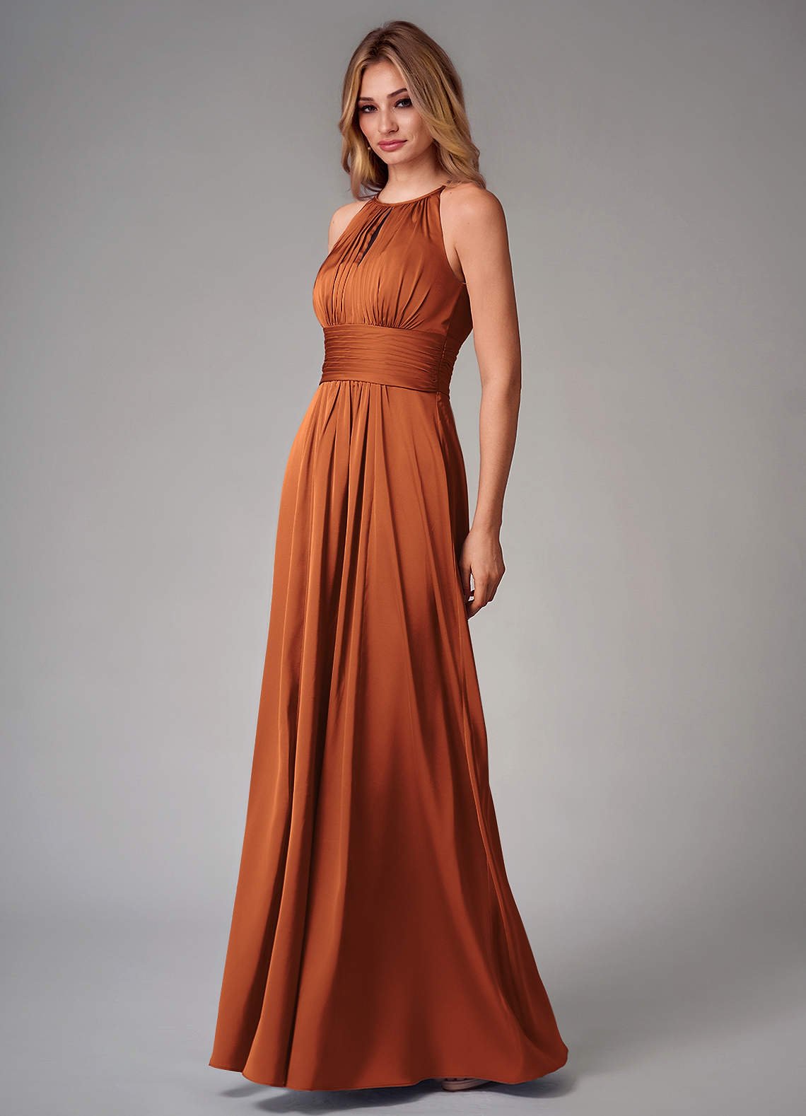 Bonnie A-Line Halter Stretch Satin Bridesmaid Dress in Cinnamon