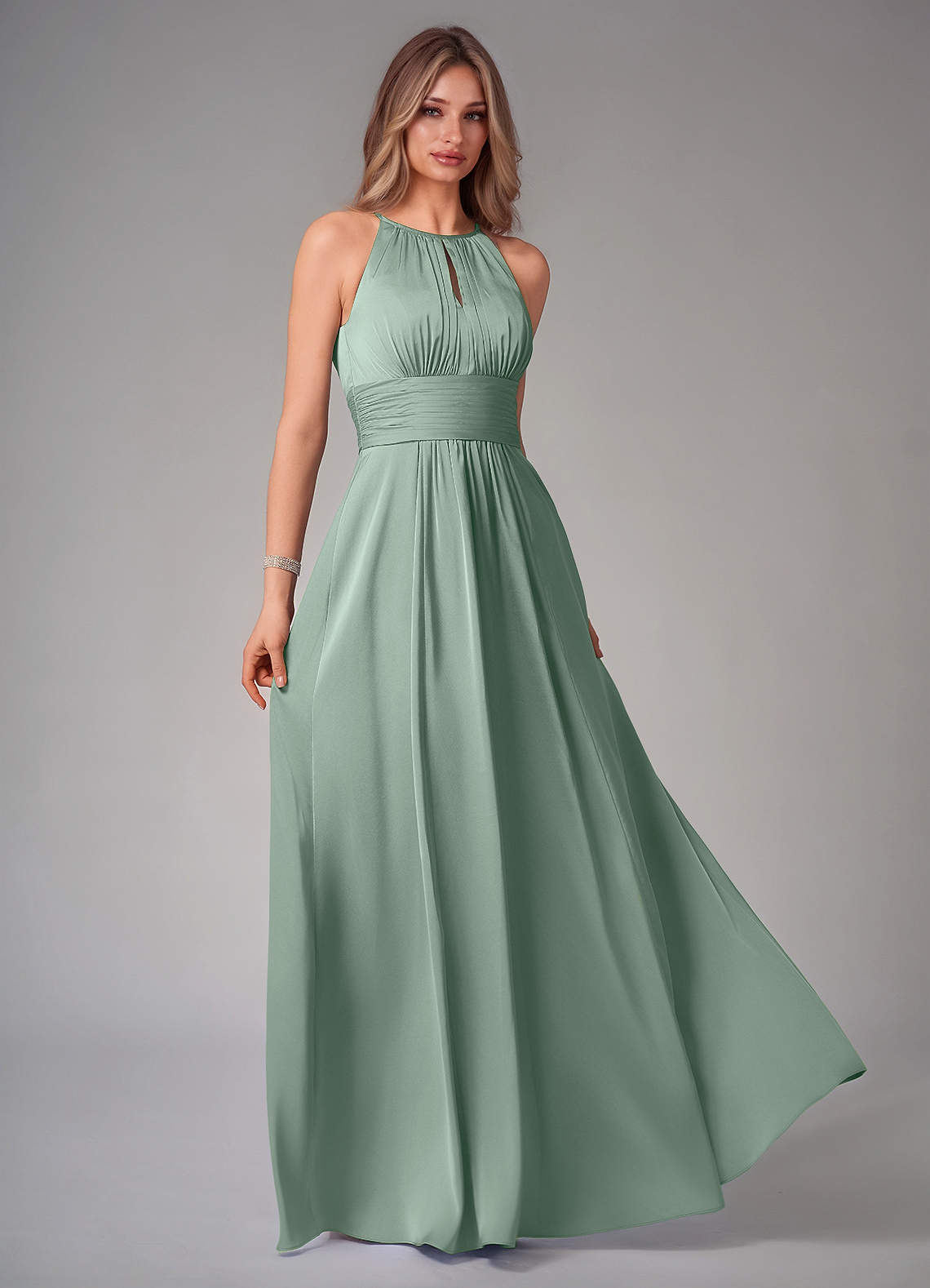 Bonnie A-Line Halter Stretch Satin Bridesmaid Dress in Agave