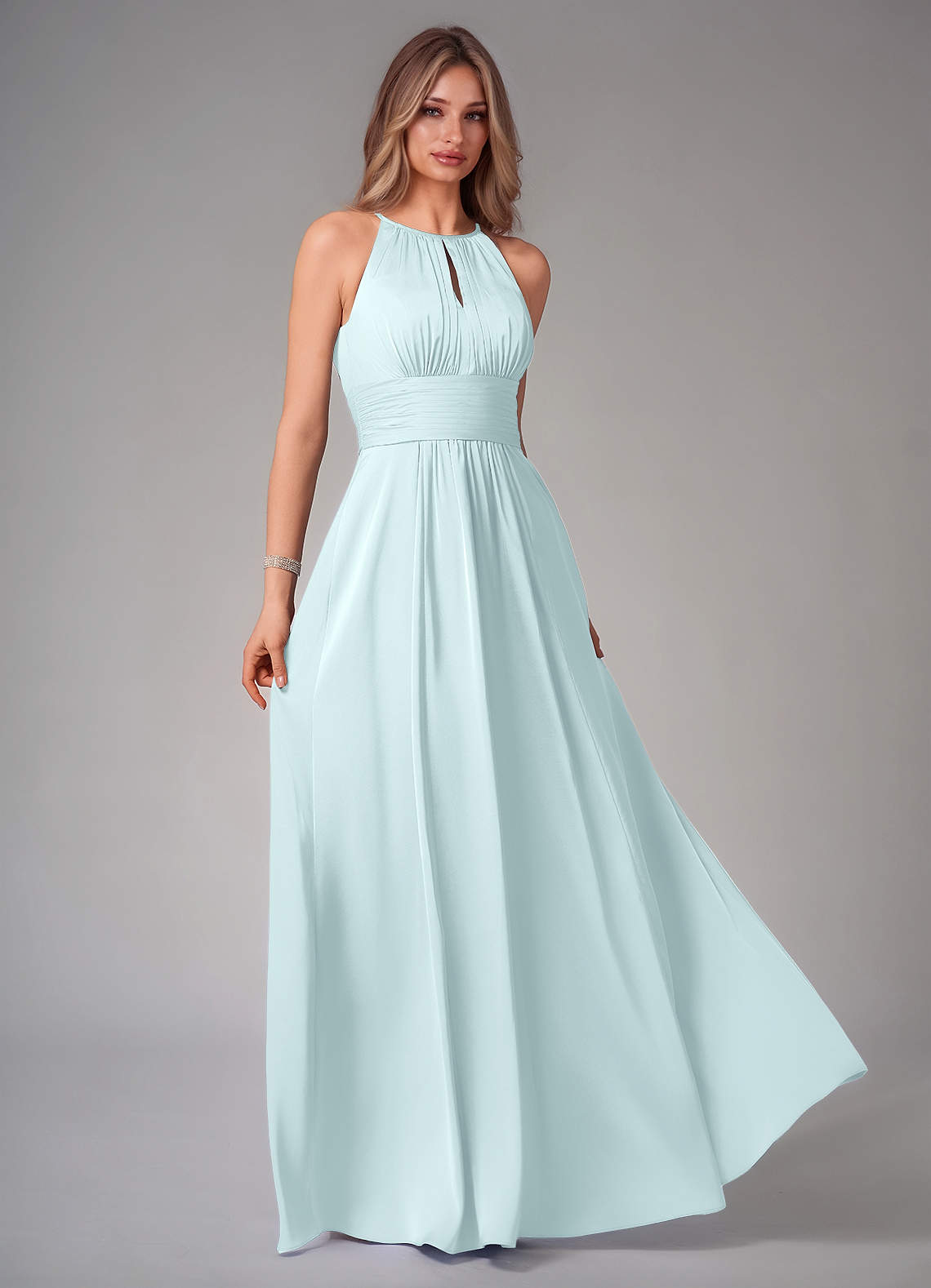 Bonnie A-Line Halter Stretch Satin Bridesmaid Dress in Sea Glass