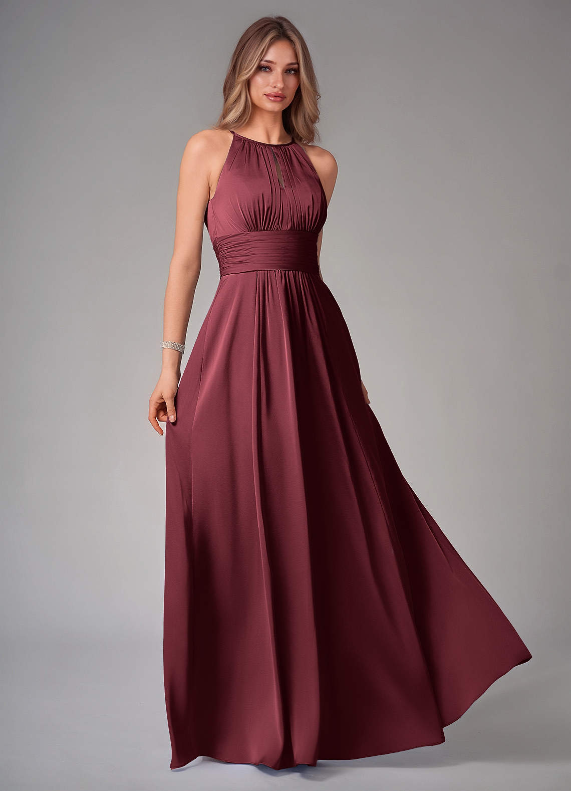 Bonnie A-Line Halter Stretch Satin Bridesmaid Dress in Merlot