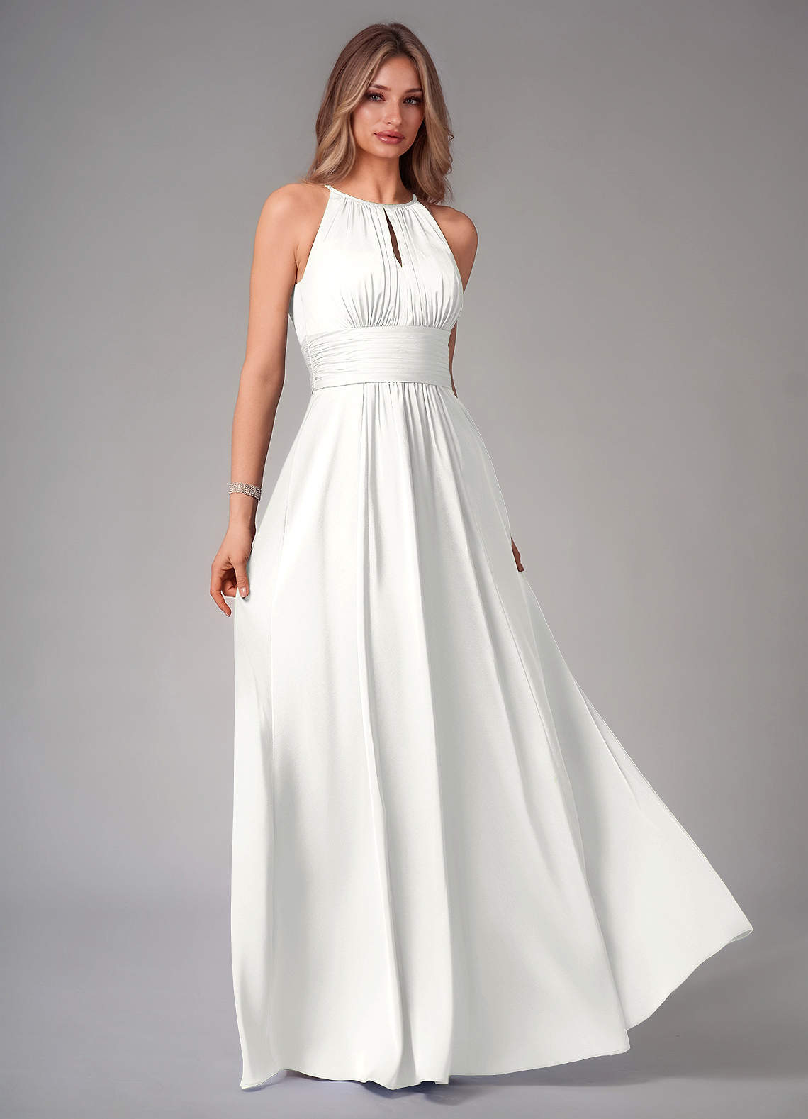 Bonnie A-Line Halter Stretch Satin Bridesmaid Dress in white