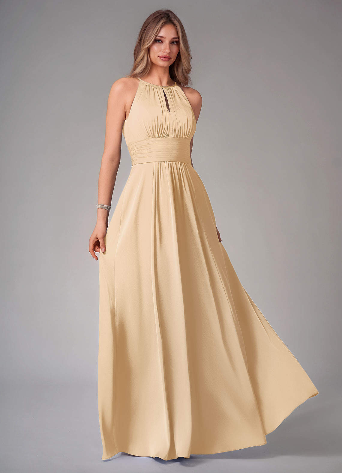 Bonnie A-Line Halter Stretch Satin Bridesmaid Dress in Gold