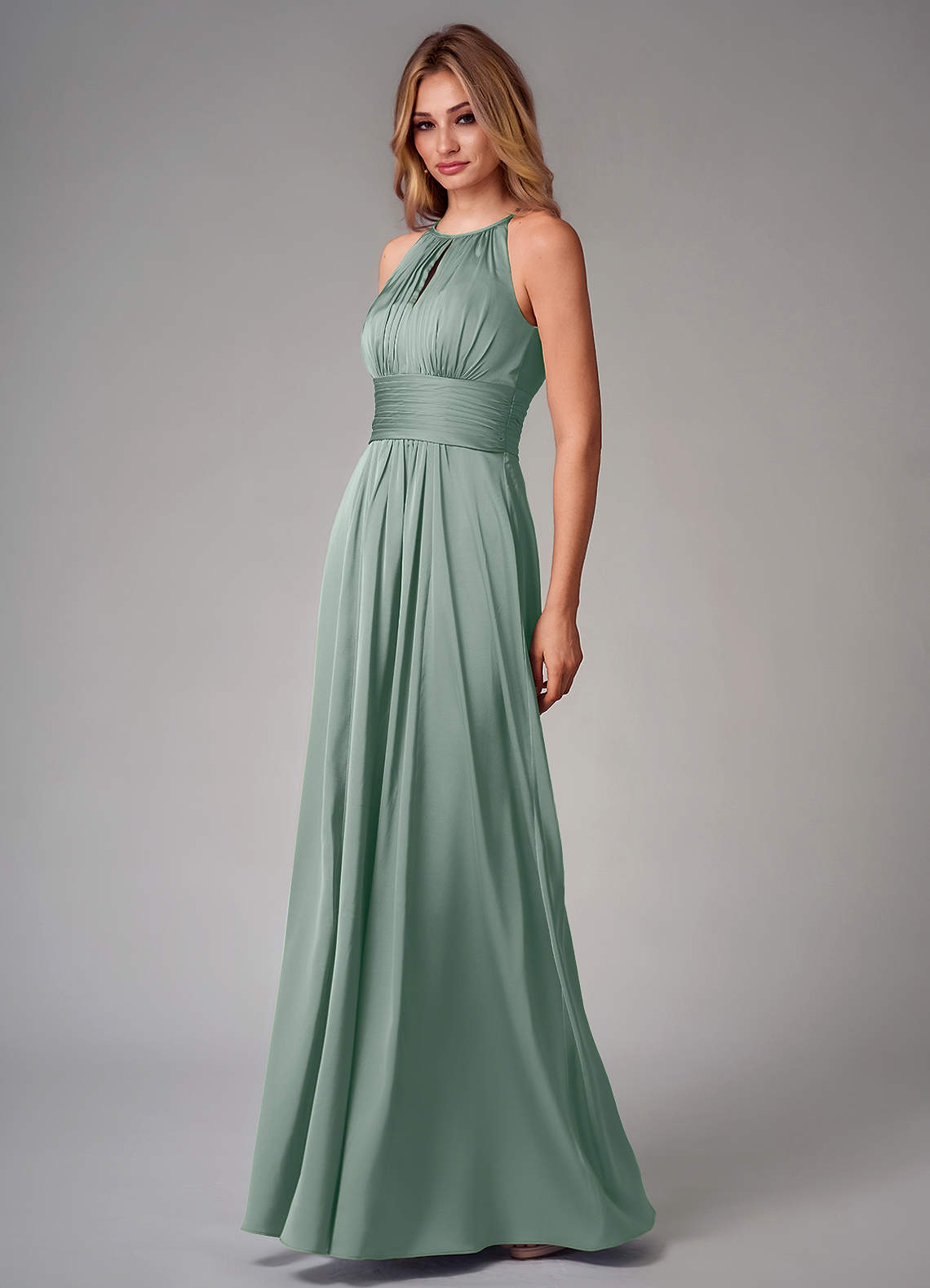 Bonnie A-Line Halter Stretch Satin Bridesmaid Dress in Silver Sage